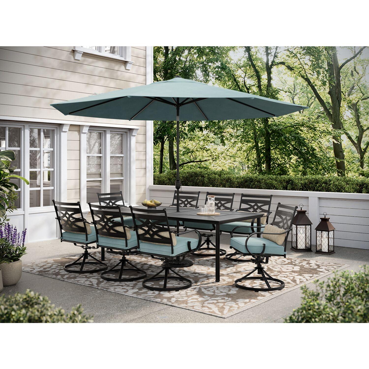 Hanover Montclair 9-Piece High-Dining Set in Ocean Blue with 8 Counter-Height Swivel Chairs and 60-Inch Square Table