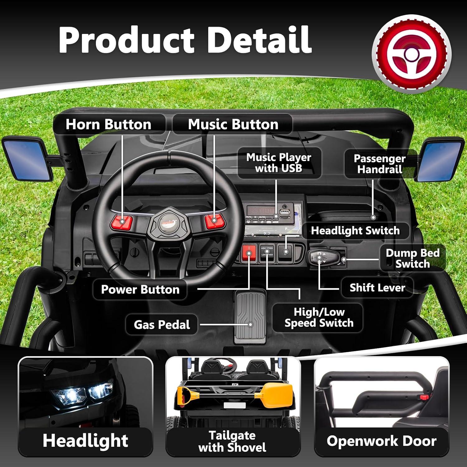 4 Wheels 24V Ride on Dump Truck Toys 2 Seater Kids Ride On UTV Car with Remote Control,Electric Dump Bed