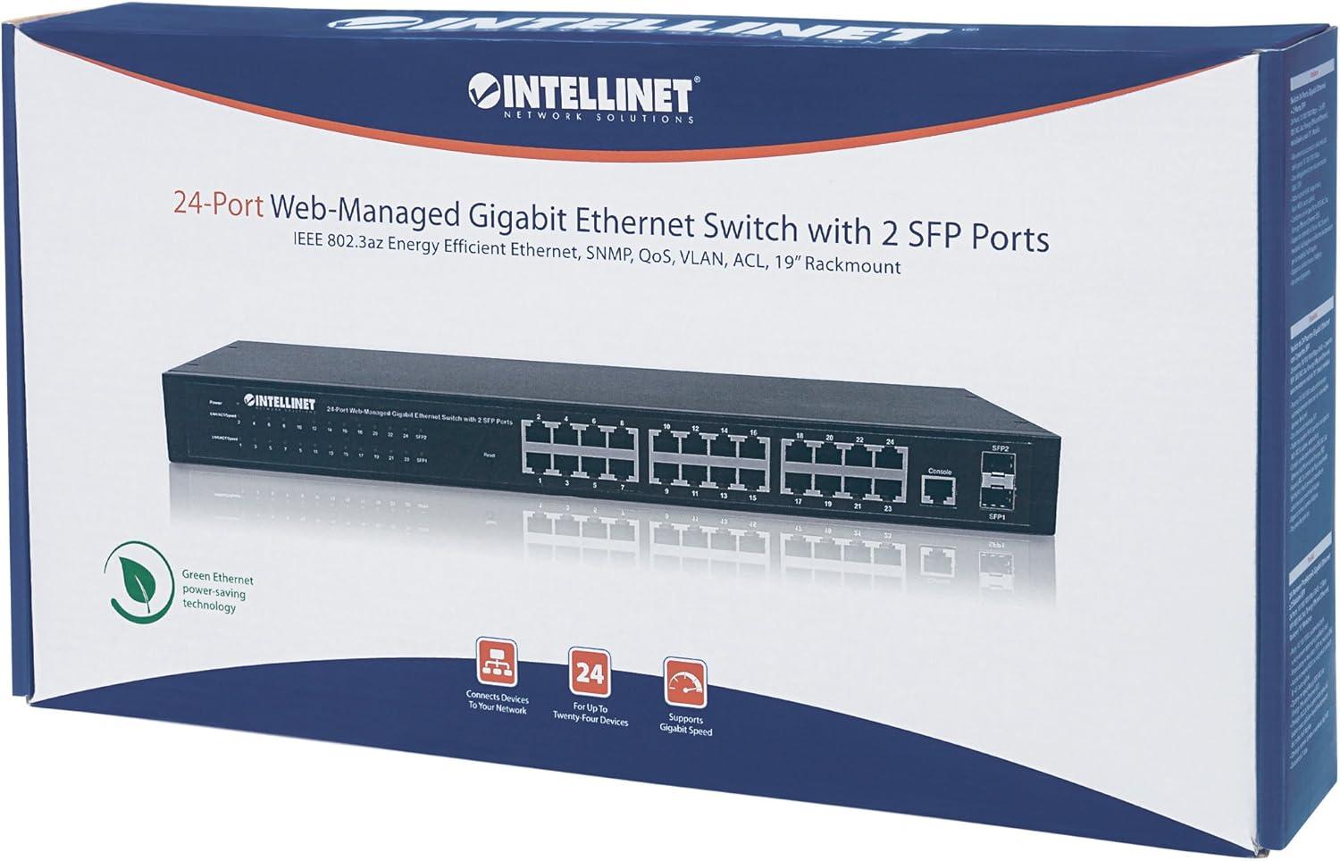 Intellinet 24-Port Web-Managed Gigabit Ethernet Switch with 2 SFP Ports | Fanless | VLAN, SNMP, 802.1X | NDAA