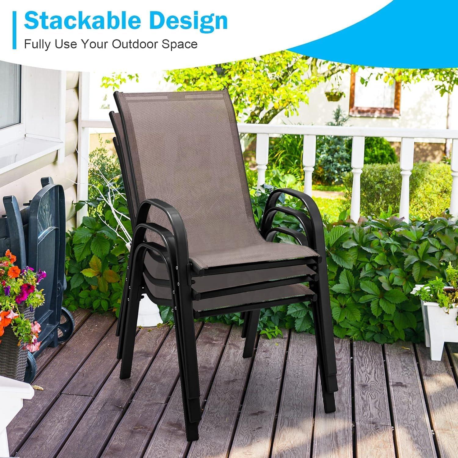 Tangkula 4PCS Patio Stacking Dining Chairs w/ Curved Armrests & Breathable Seat Fabric Brown