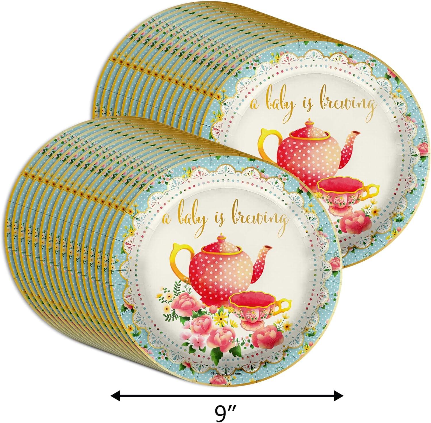 A Baby is Brewing Tea Baby Shower Party Supplies Large 9" Paper Plates in Bulk 32 Piece