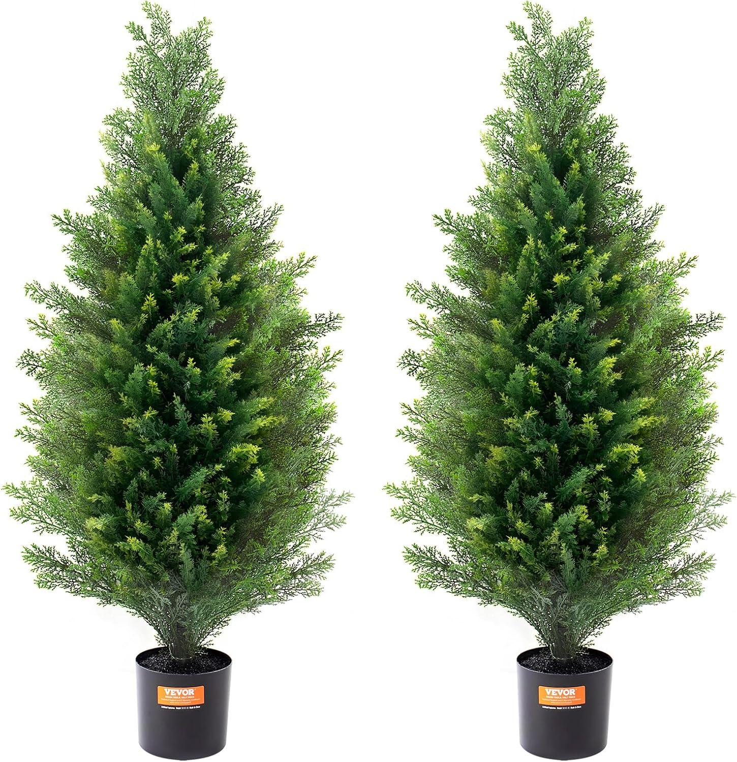 36'' Green Plastic Cypress Topiary Trees with Pots, Set of 2