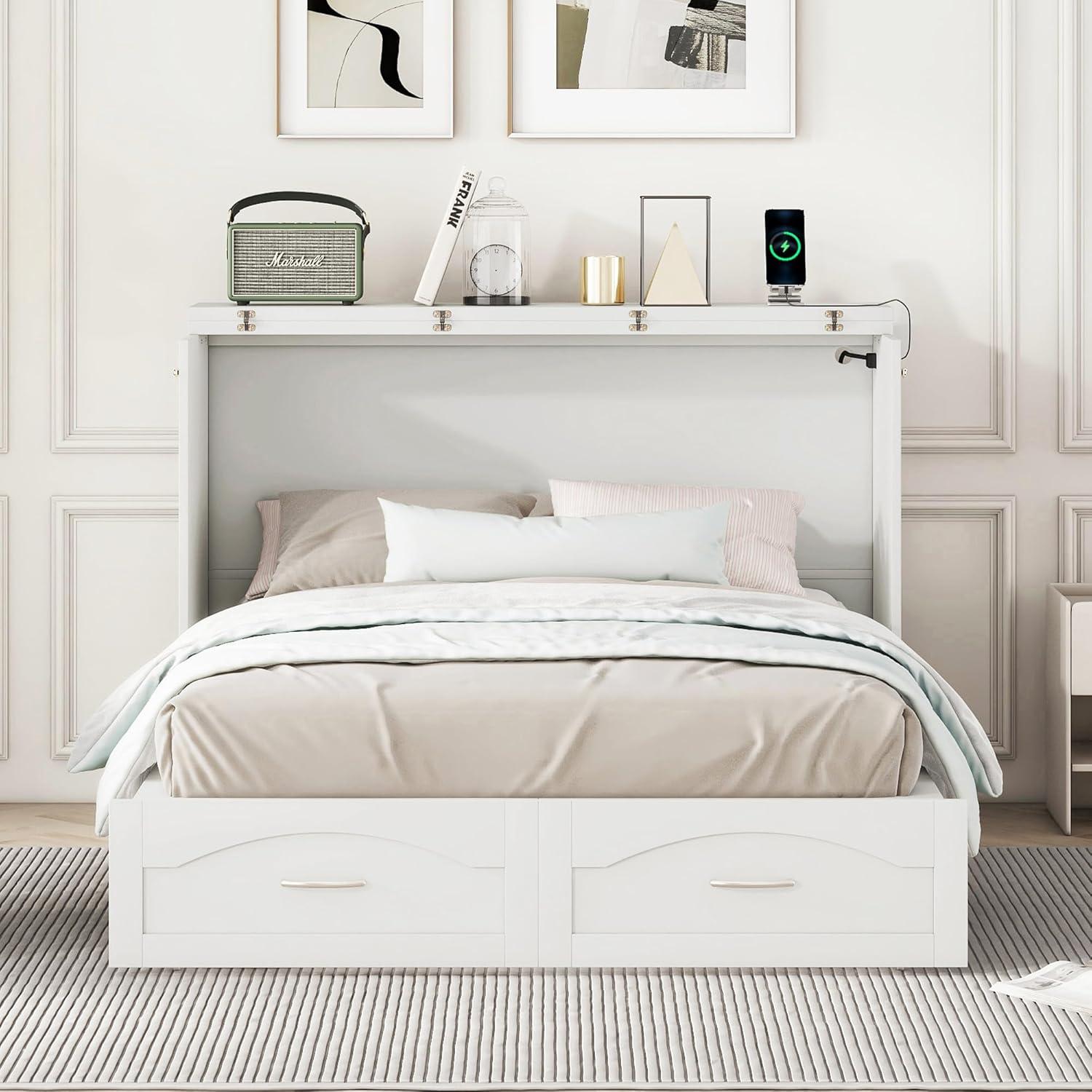 Harper & Bright Designs Full Size Murphy Bed Wall Bed with Storage Drawers, Wood Murphy Bed Chest with Sockets & USB Ports, Pulley Structure Design, White