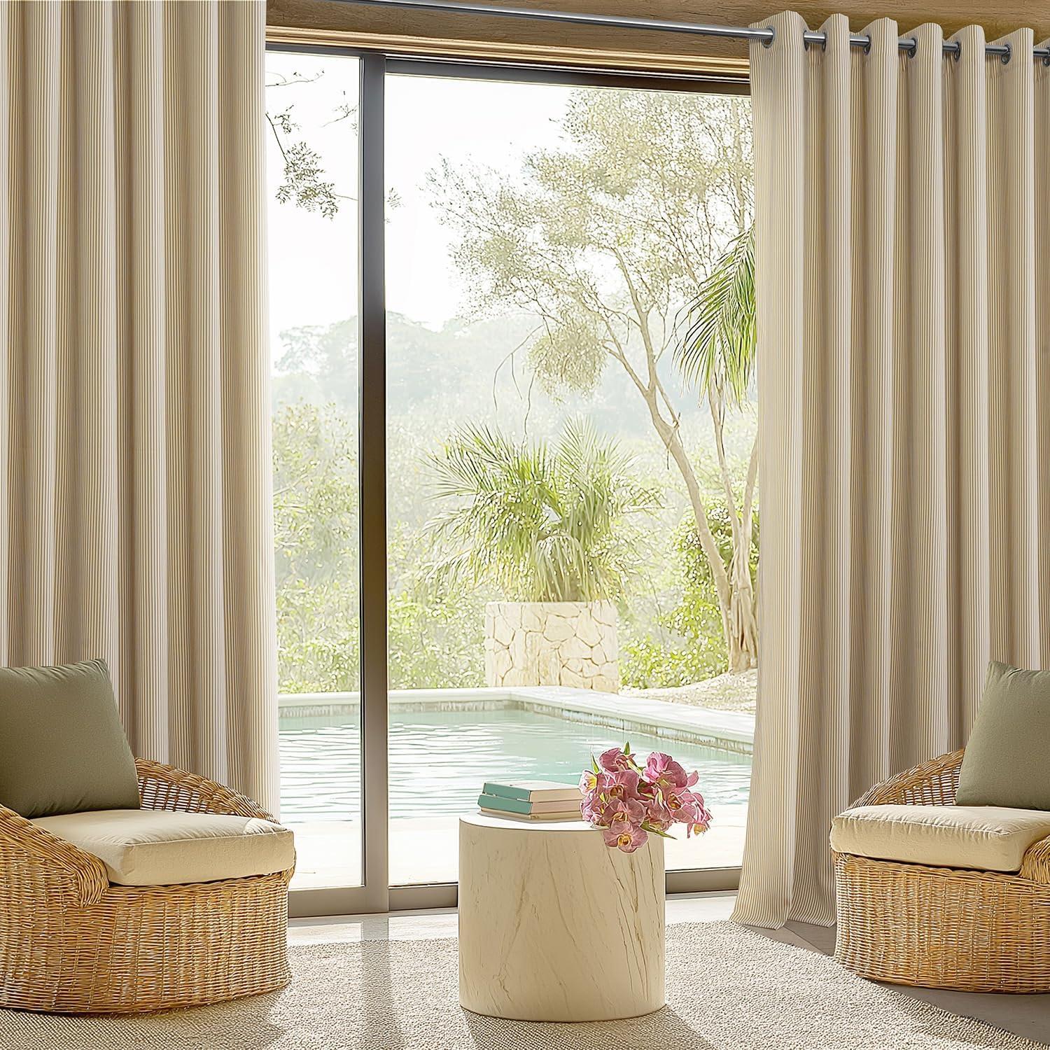 HPD Half Price Drapes Villanova Striped Grommet Outdoor Curtains for Patio (1 Panel) - UV & Water Resistant Light Filtering 200 GSM Polyester Curtains - 50W x 84L, Coastal Beige Thin Stripe