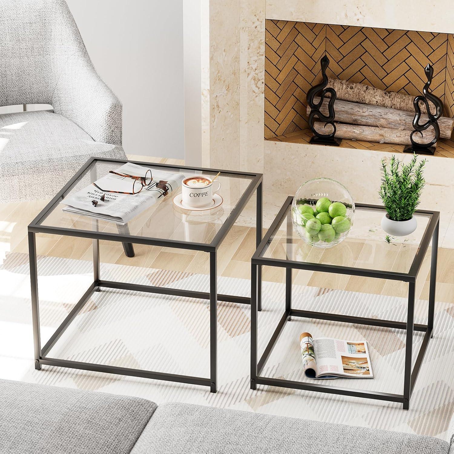 VILAWLENCE Coffee Table Set of 2, Modern Black Patterned Glass Side Table, Metal Frame Square End Table, Center Tables Nesting Coffee Table for Living Room,Bedroom and Small Spaces