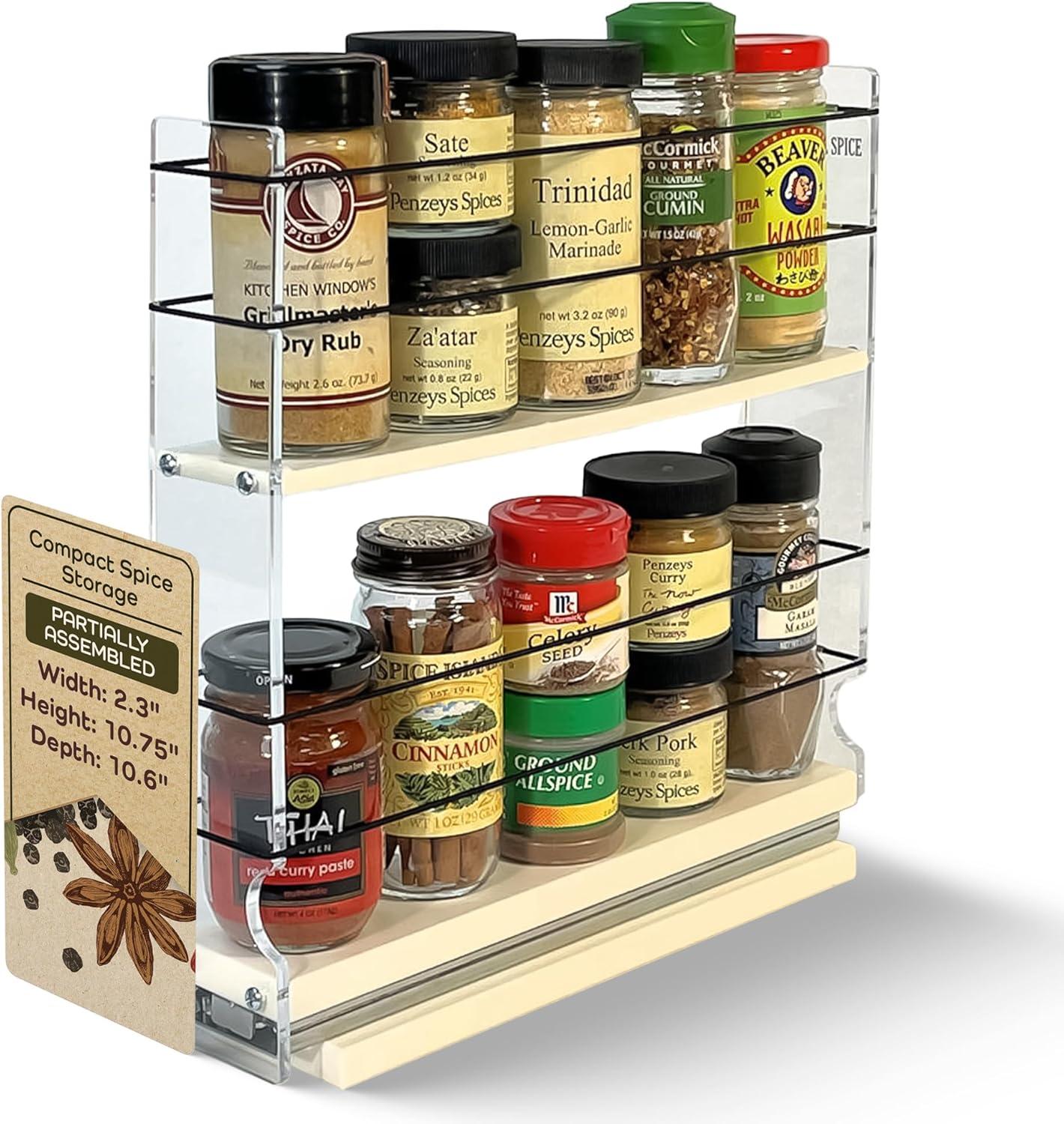 10 Capacity 2.1" Wide Drawer 2 Tier Spice Rack with Flex-Sides Best Fit in 12" High Space