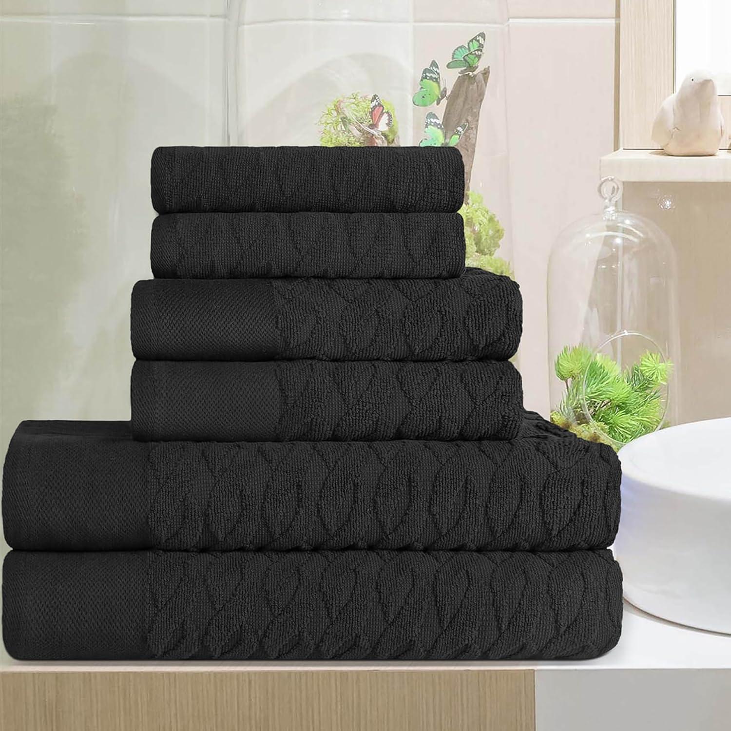 Superior Turkish Cotton 6-Piece Jacquard Herringbone Towel Set, Black