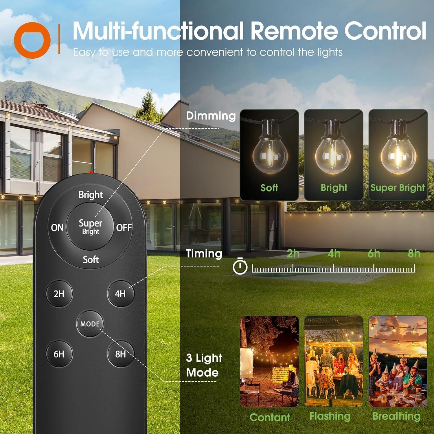 addlon 31FT (25+6) Solar String Lights with Remote, 13 Shatterproof G40 Bulbs, Solar Powered & USB Charging Patio Lights, Dimmable Waterproof Solar Light Outdoor for Camping Porch Backyard Party Decor