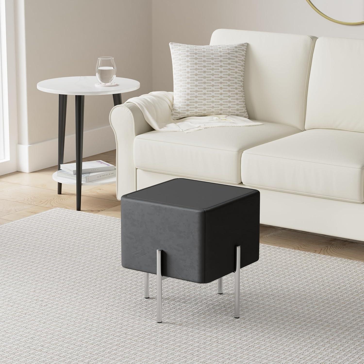 Cortesi Home  Zane Black Velvet and Metal Legs Cube Ottoman