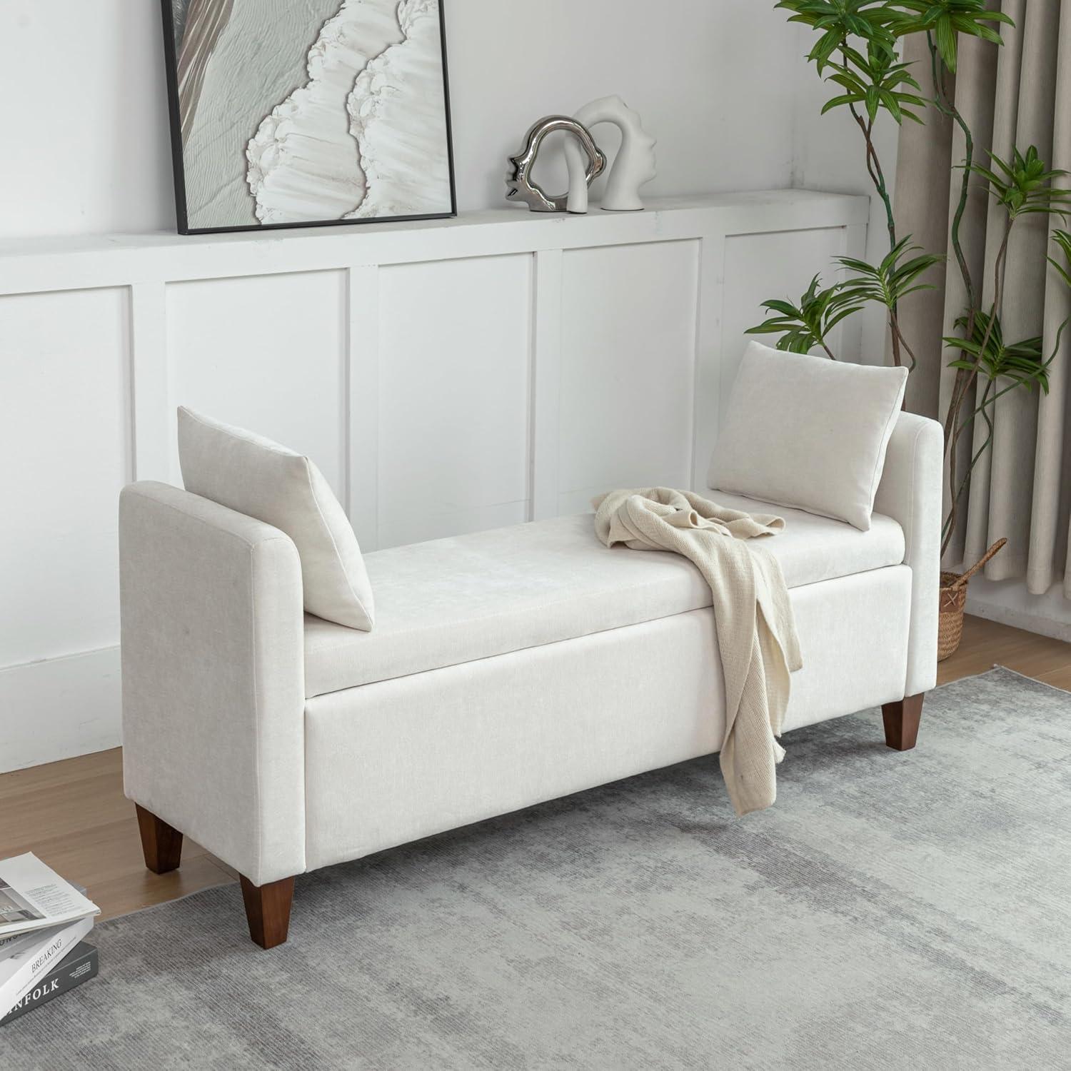 Beige Upholstered Storage Bench with Pillows and Wood Legs