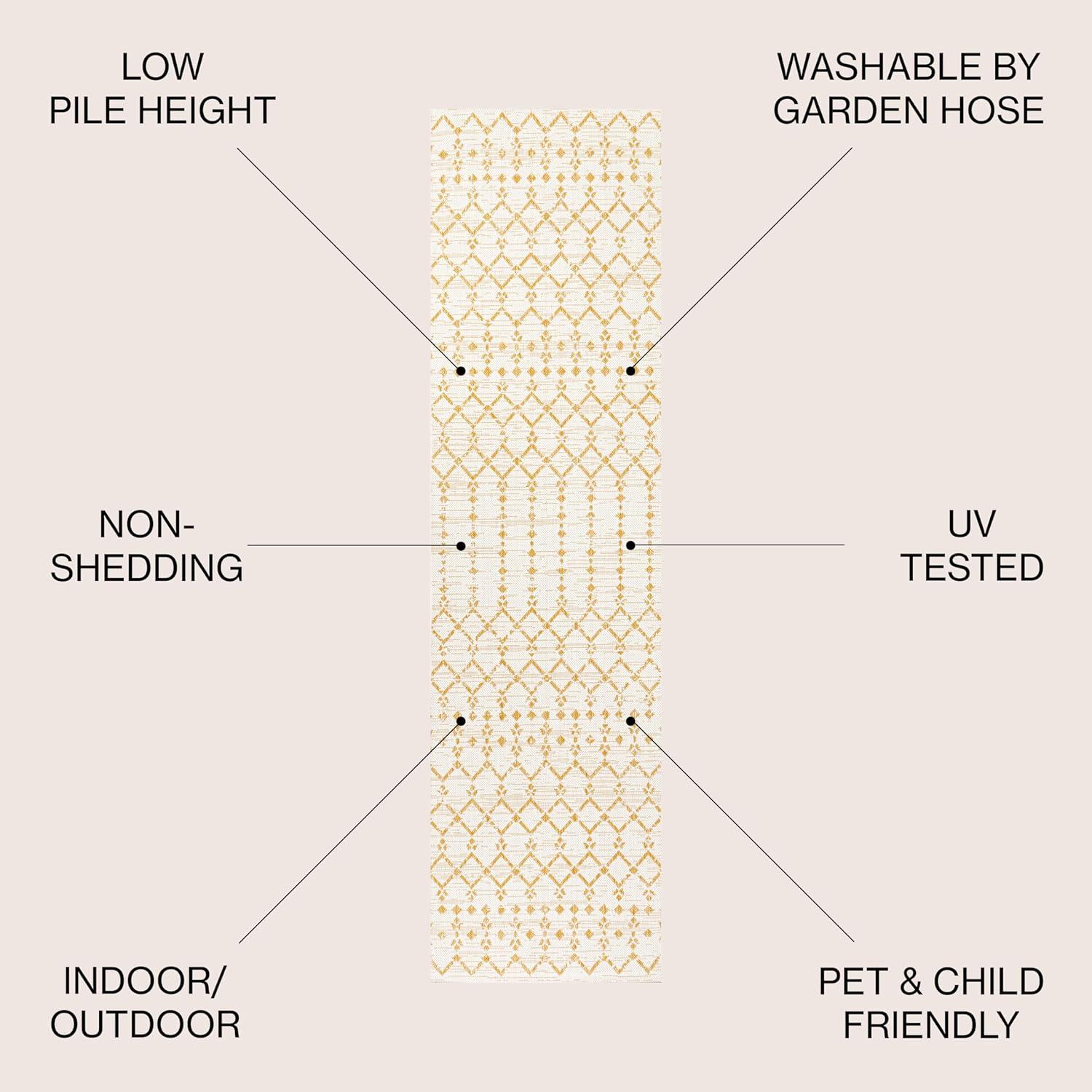 2' x 10' Ourika Moroccan Geometric Textured Weave Indoor/Outdoor Runner Rug, Cream/Yellow - JONATHAN Y