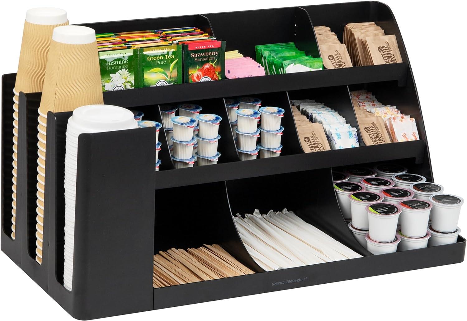 Mind Reader 14 Compartment Cup and Condiment Organizer Black: Coffee Station Caddy & Accessories Holder