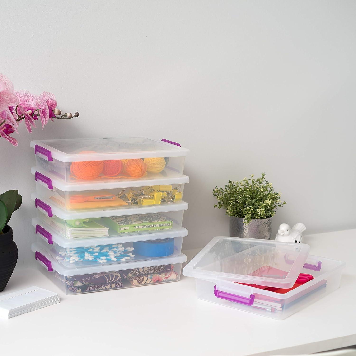 Clear Stackable Plastic Storage Bins with Purple Lids, 6 Pack