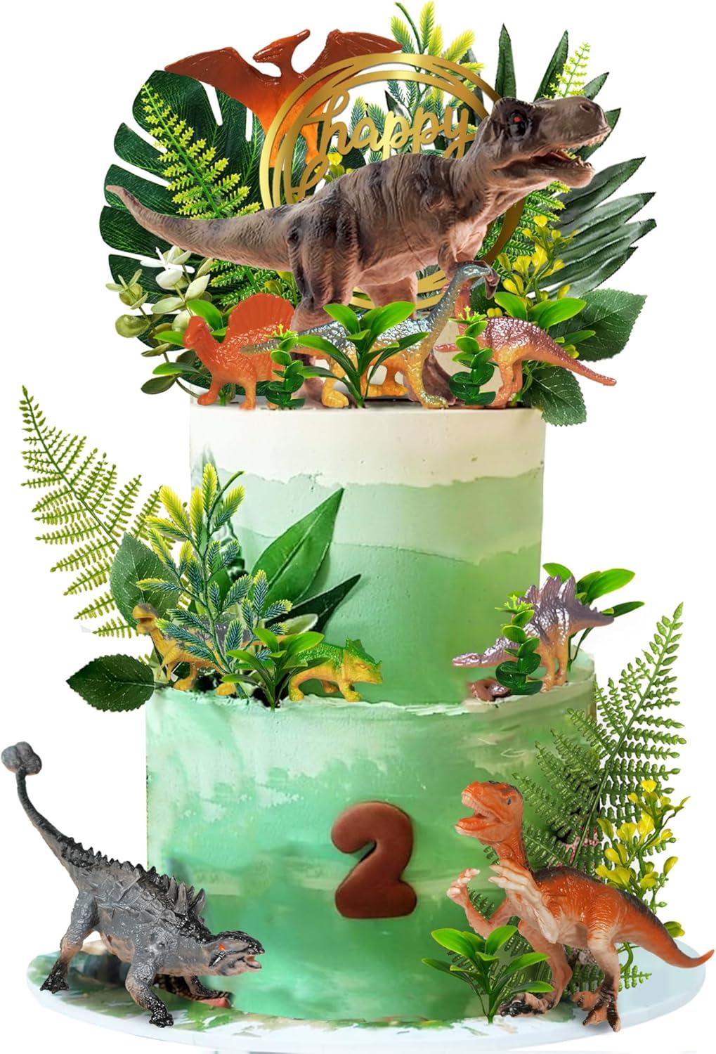 Dinosaur Cake Toppers Dinosaur Toy Artificial Plants Grass Cake Decorations for Boy Girl Kid Birthday Baby Shower Dinosaur Theme Jungle Party Supplies (Style 2)