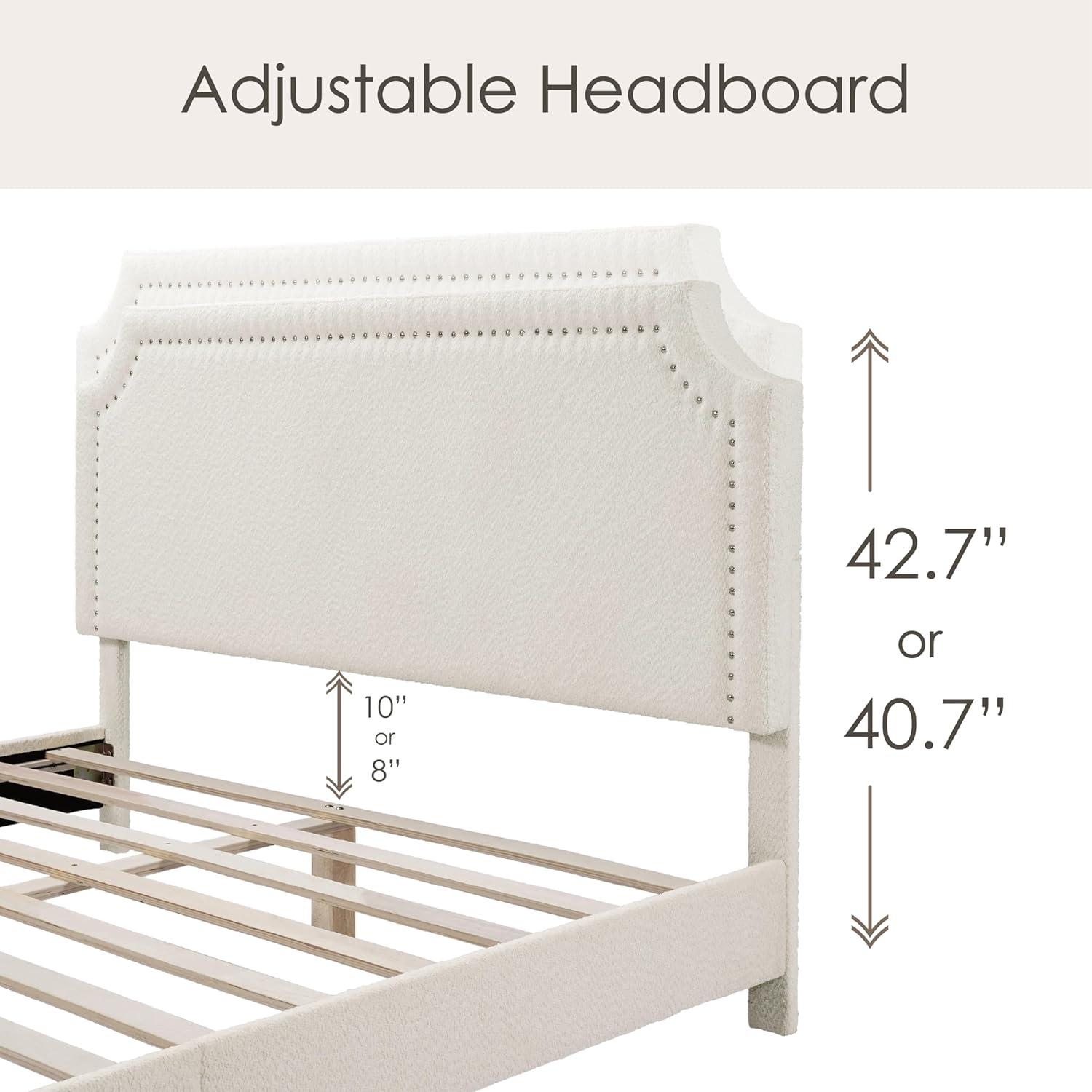 24/7 Shop At Home Queen Heartwild Modern Boucle Upholstered Nailhead Trim Platform Bed White: Polyester, Wood Frame, No Box Spring Needed