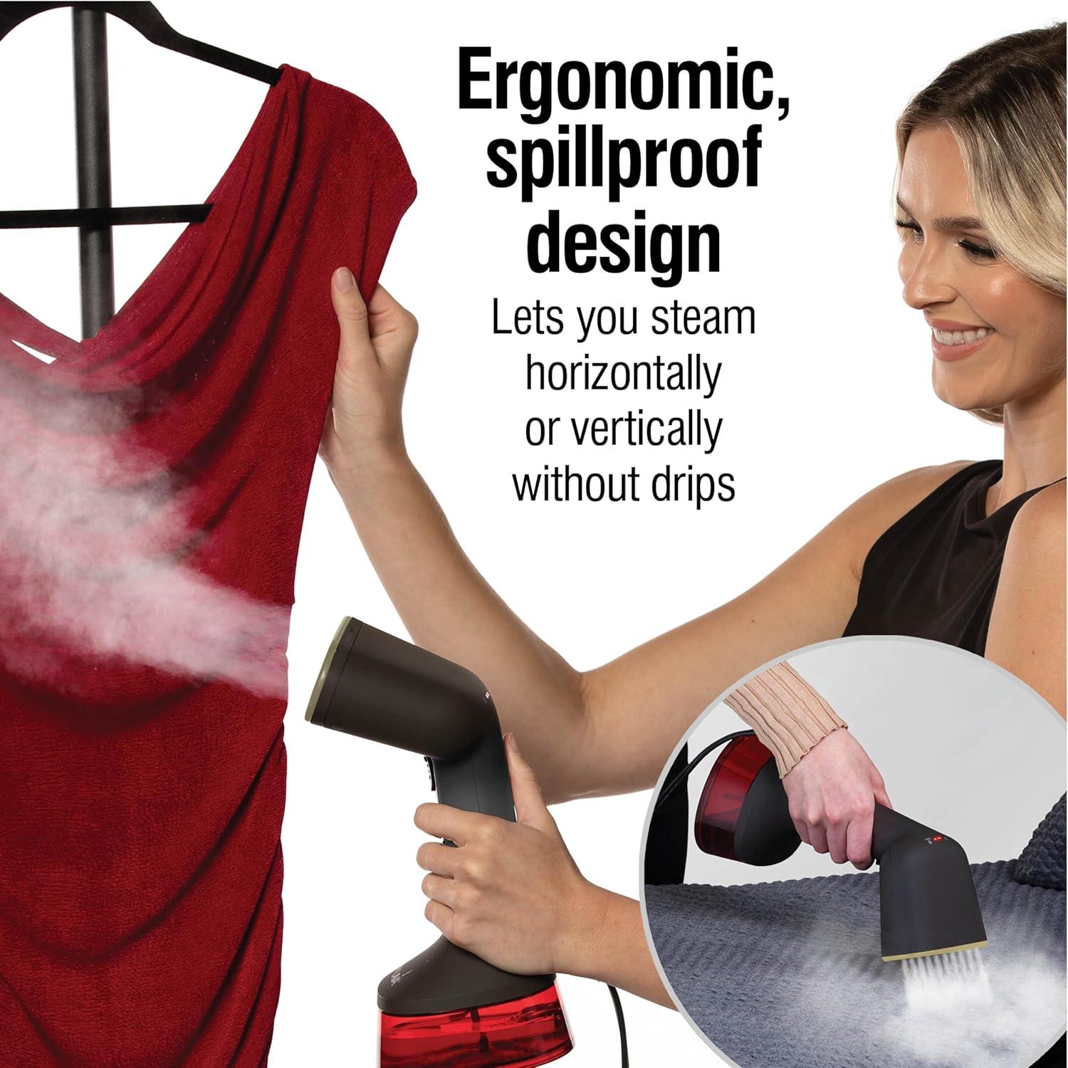 Handheld Garment Steamer for Clothes, 2 Continuous Steam Modes, Full-Size 300 ml Capacity Water Tank, Ergonomic Handle, Vacation Essentials, 1600 Watts, 10’ Cord, Red (11590)