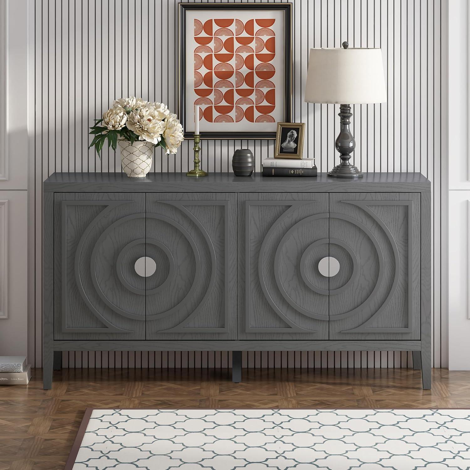 Gray 60" Distressed Wood Sideboard with Circular Groove Doors