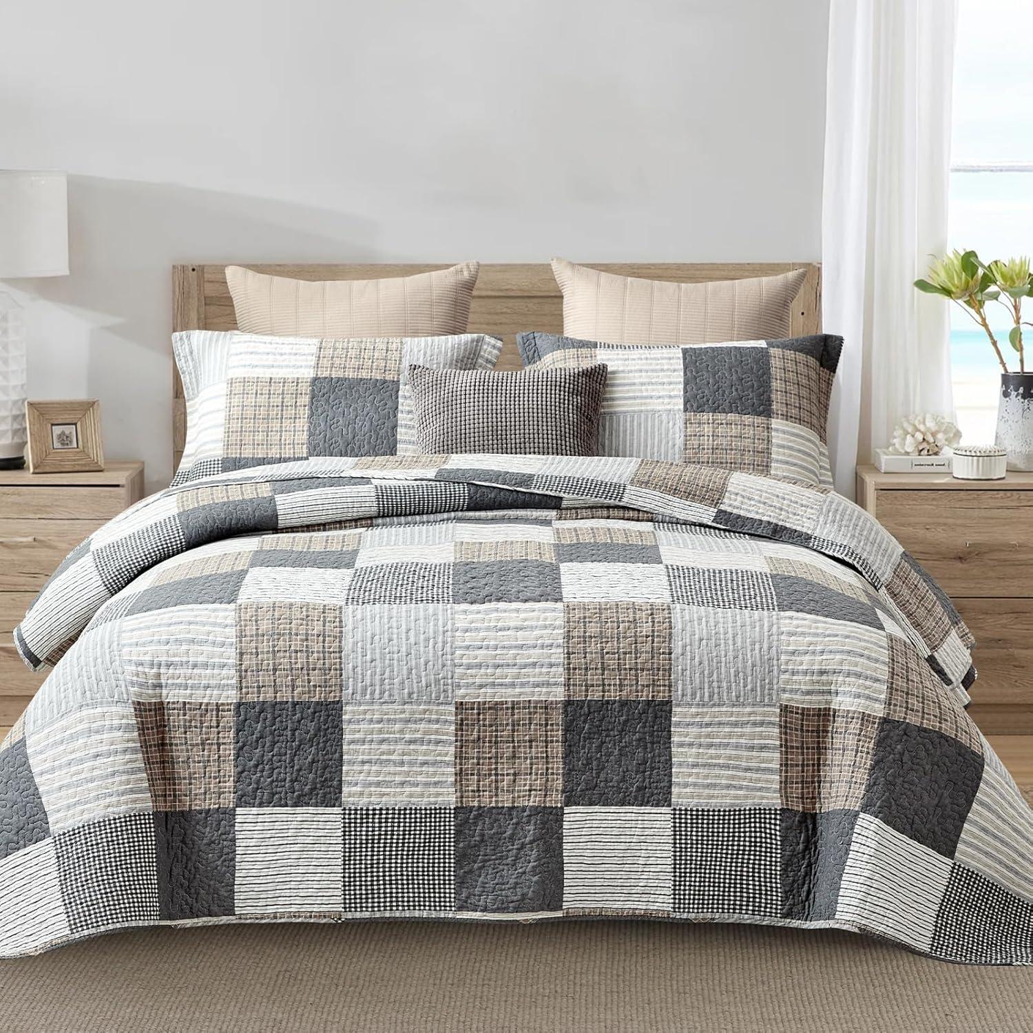 Plaid Patchwork Cotton Queen Quilt Set in Gray and Brown