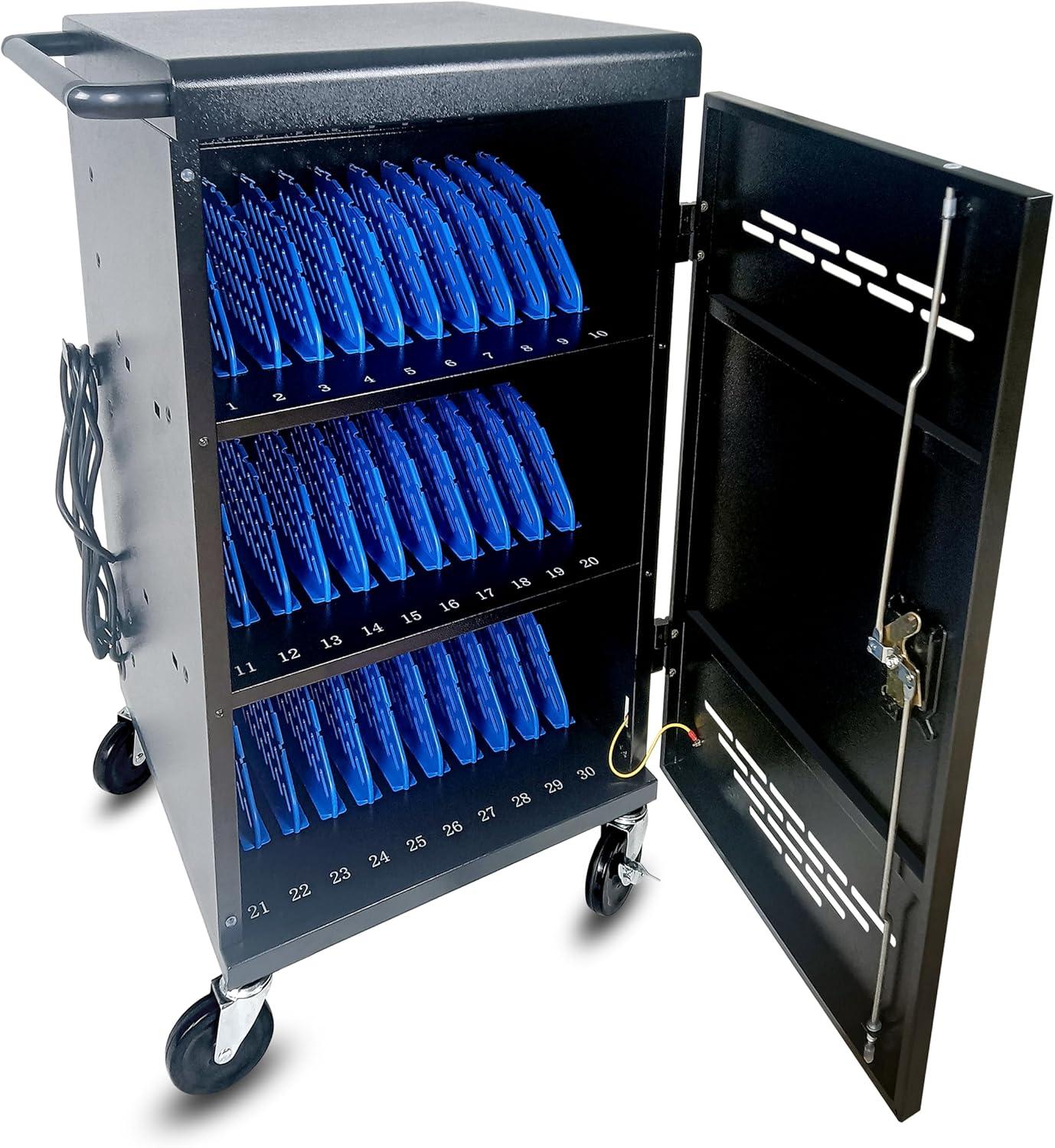 30 Unit Device Charging Station for Chromebook, iPad, 14'' Laptop - Charging Cart with Charger Cable Management, Circuit Breaker, Grounding Protection, Assembly Required