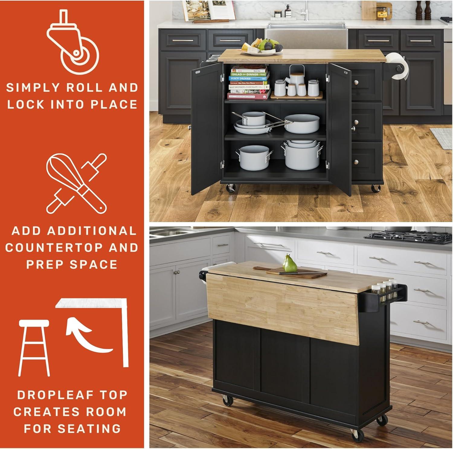 Black Wood Kitchen Cart with Drop Leaf and Storage