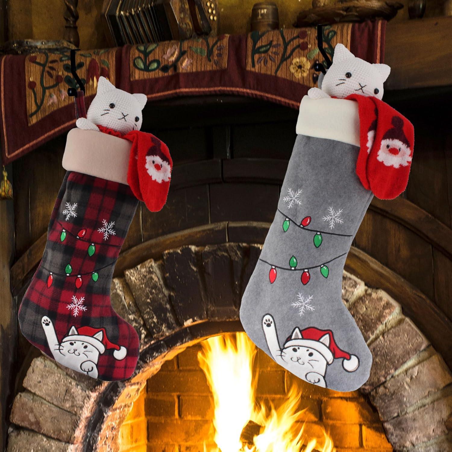 BambooMN 1 Pc Set 18" Classic Hand Embroidered Sequined Cute Animal Christmas Stocking, 16 Naughty Cat Plaid