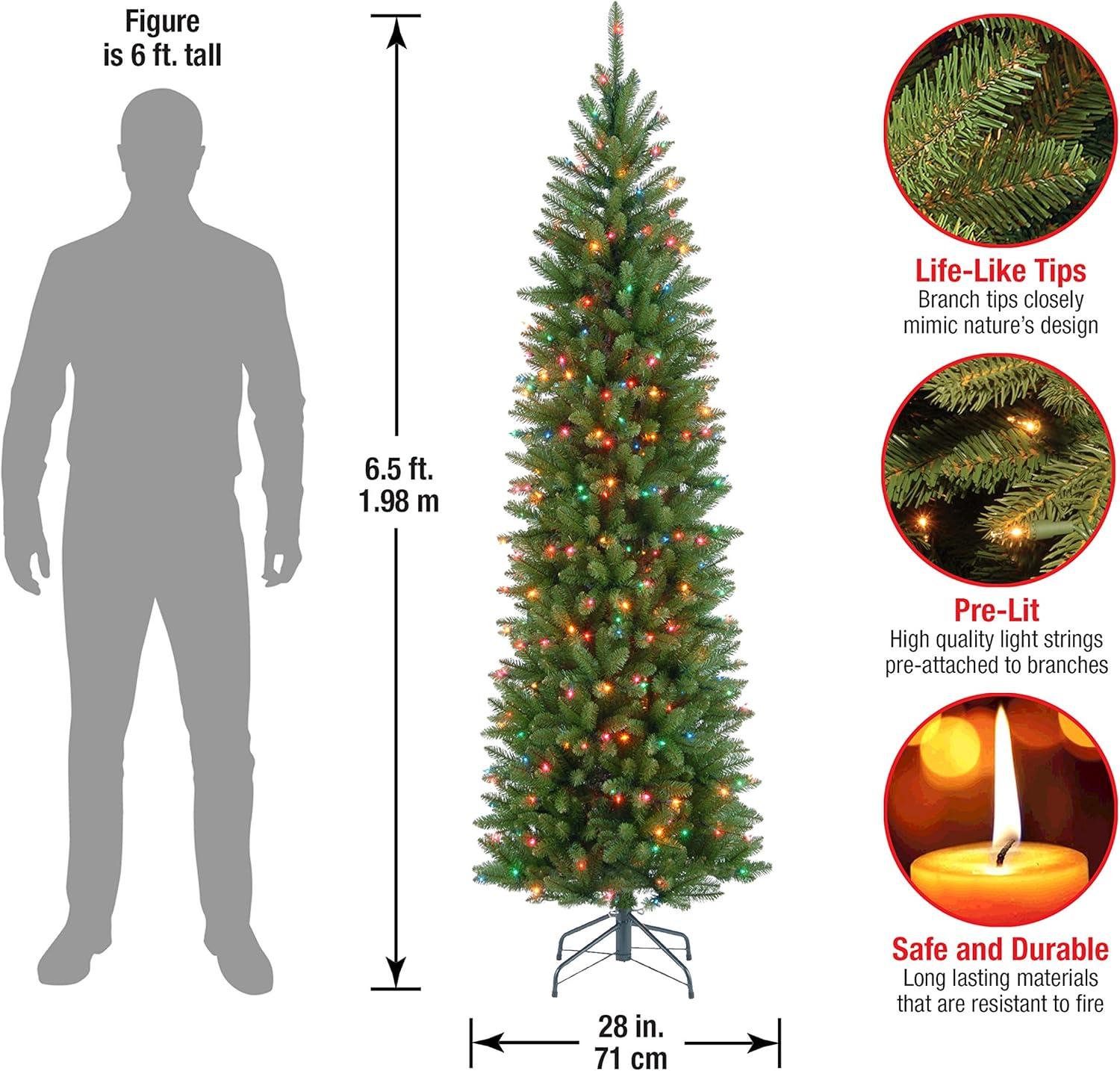 National Tree Company 6.5 ft Artificial Pre-Lit Slim Christmas Tree, Green, Kingswood Fir, Multicolor Lights, Includes Stand