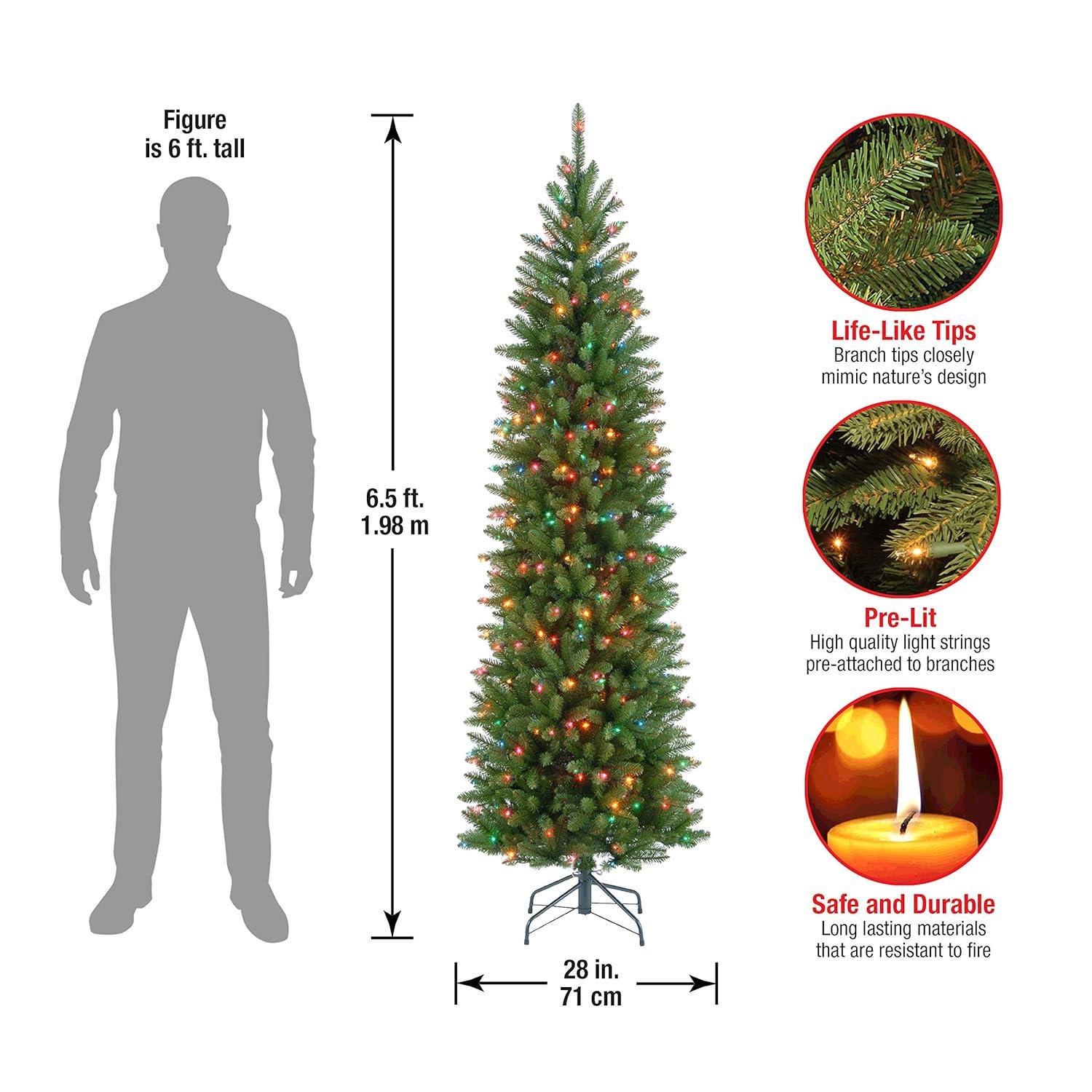 National Tree Company 6.5 ft Artificial Pre-Lit Slim Christmas Tree, Green, Kingswood Fir, Multicolor Lights, Includes Stand
