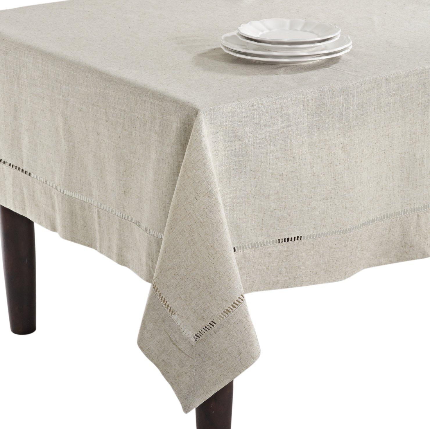 Saro Lifestyle Natural Toscana Tablecloth With Hemstitched Border, Natural, 65" x 104"