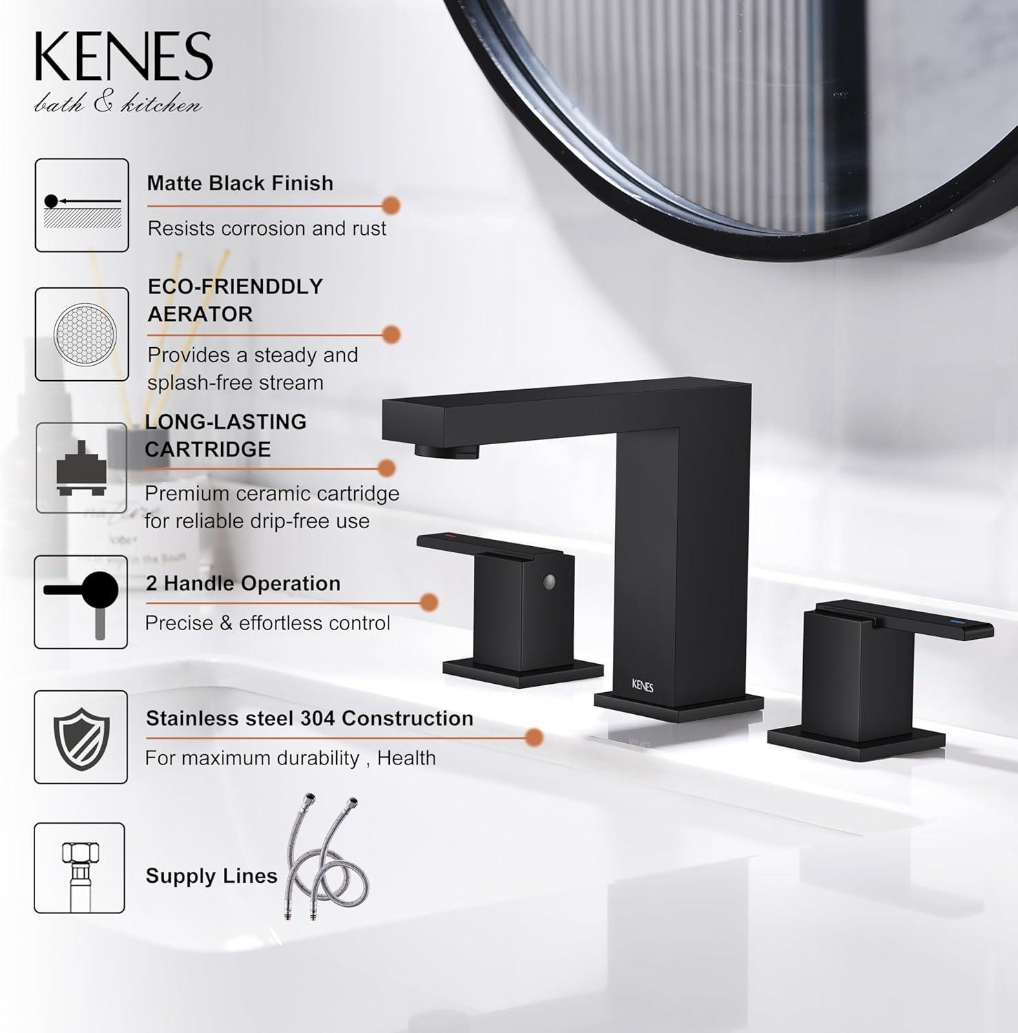 KENES Matte Black Widespread Bathroom Faucet Two Handle Bathroom Sink Faucets Black 3 Hole, 8-Inch 3 Pieces Bathroom Vanity Faucet Lavatory Faucet with Supply Lines, KE-9050-2