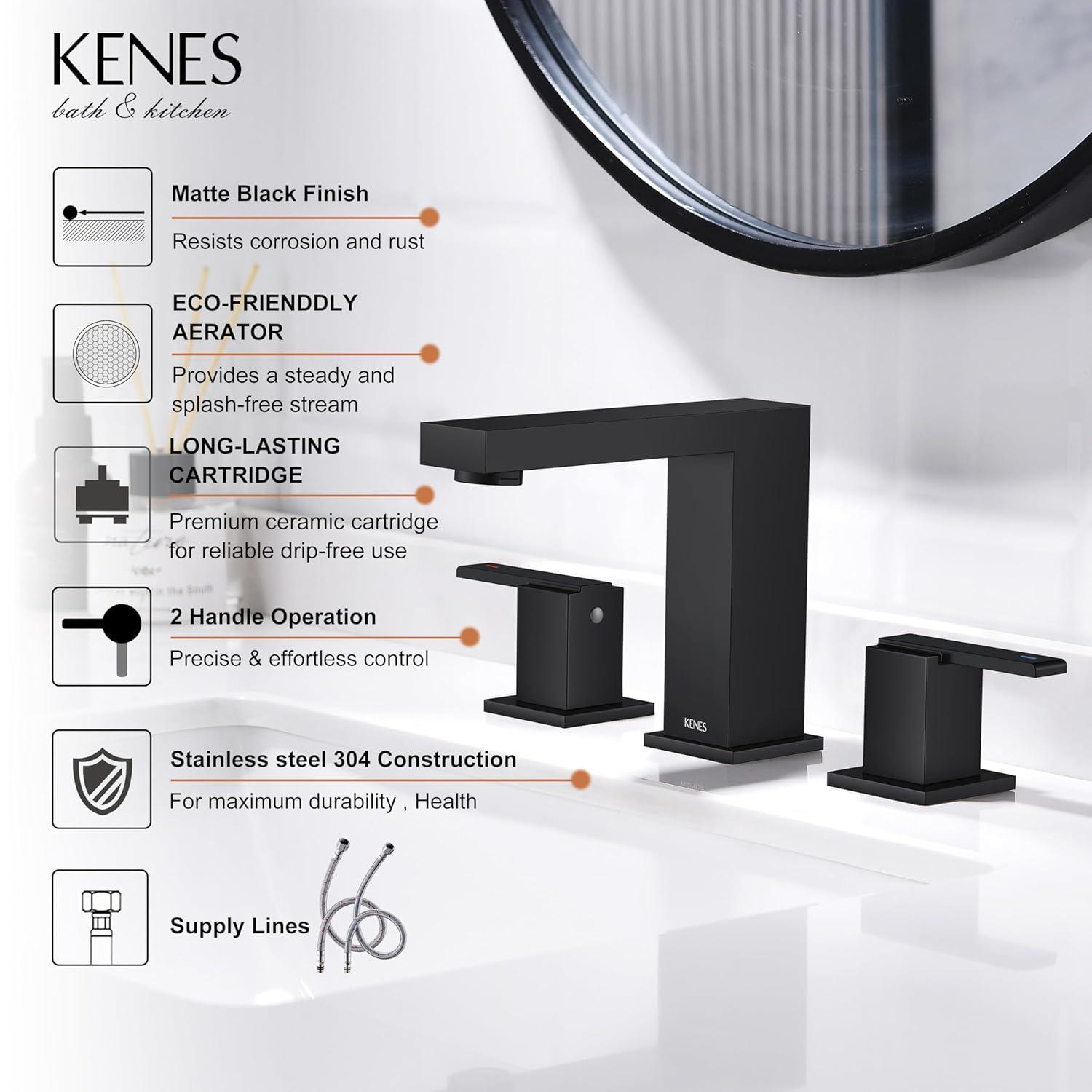 KENES Matte Black Widespread Bathroom Faucet Two Handle Bathroom Sink Faucets Black 3 Hole, 8-Inch 3 Pieces Bathroom Vanity Faucet Lavatory Faucet with Supply Lines, KE-9050-2