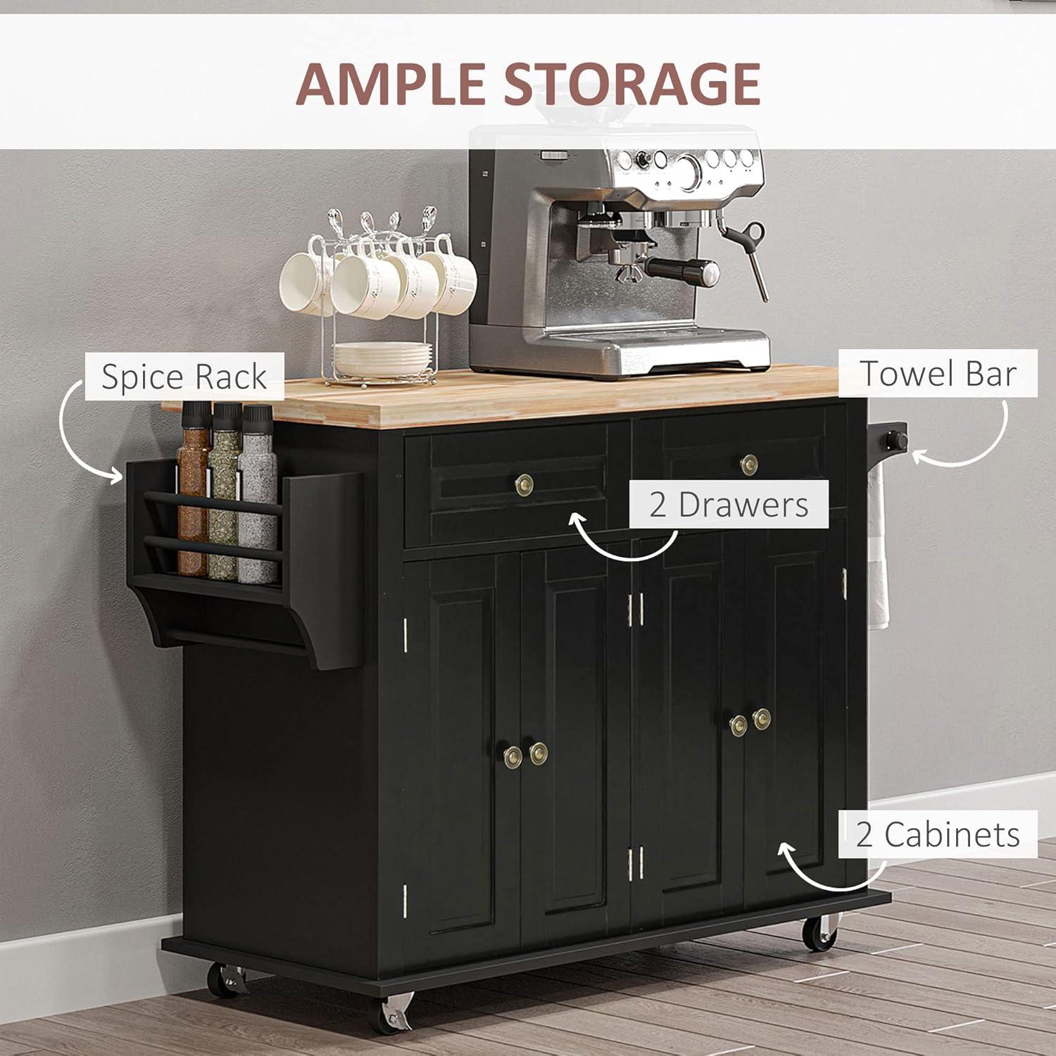 HOMCOM Kitchen Island on Wheels, Rolling Cart with Rubber Wood Top, Spice Rack, Towel Rack & Drawers for Dining Room, Black