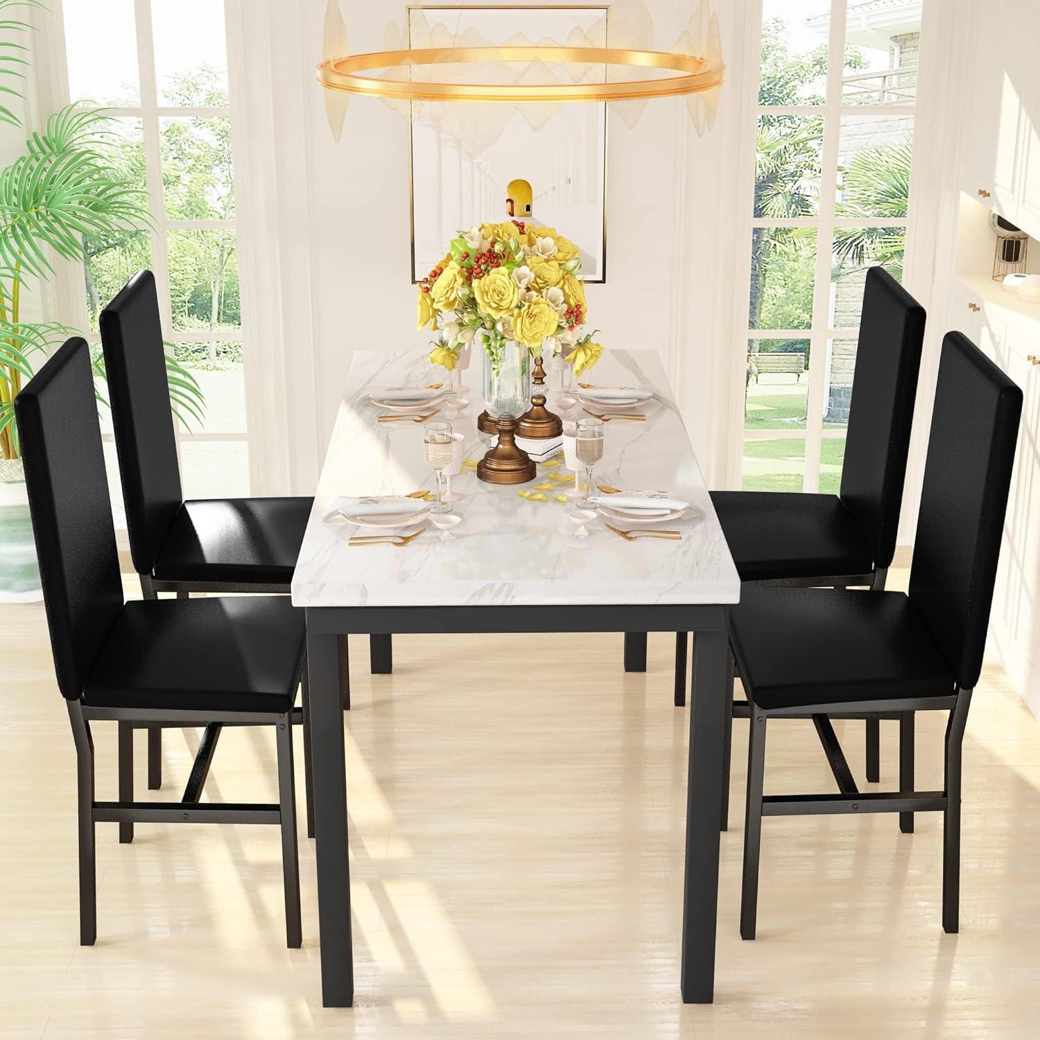 Modern Black Metal Dining Set with Faux Marble Tabletop and PU Leather Chairs