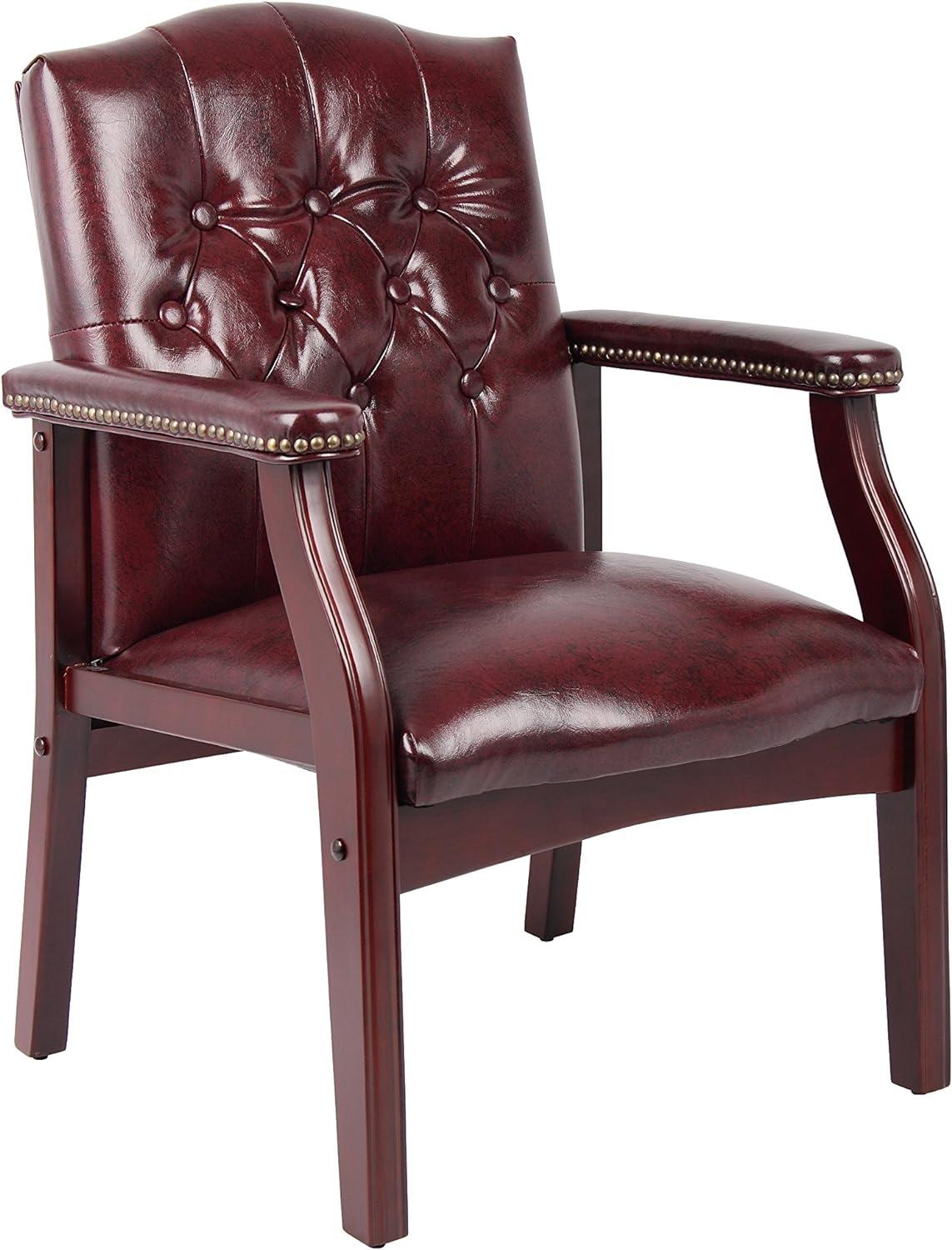 Oxblood Vinyl and Mahogany Traditional Guest Chair