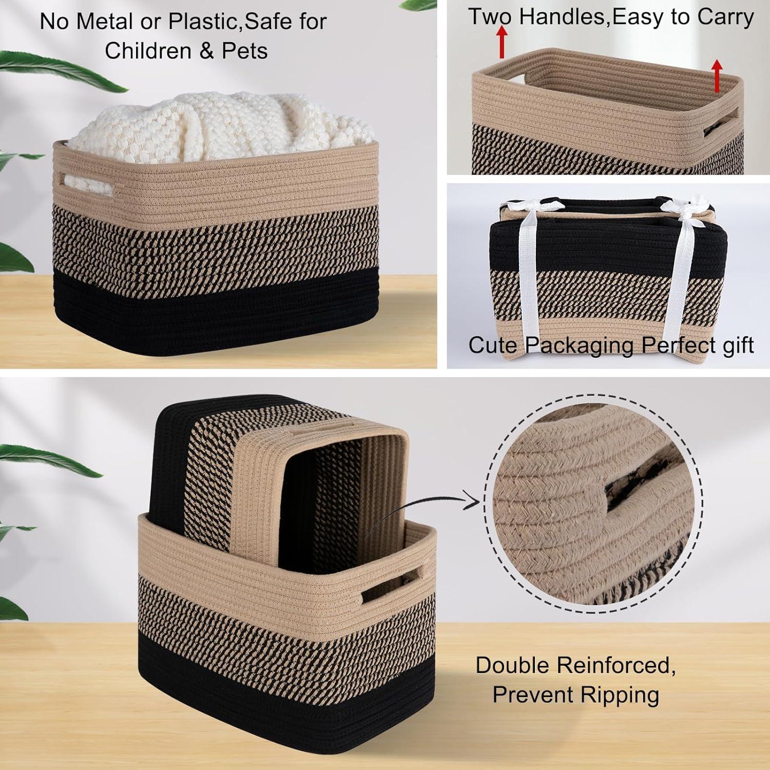 Set of 3 Black and Beige Cotton Rope Rectangular Storage Baskets