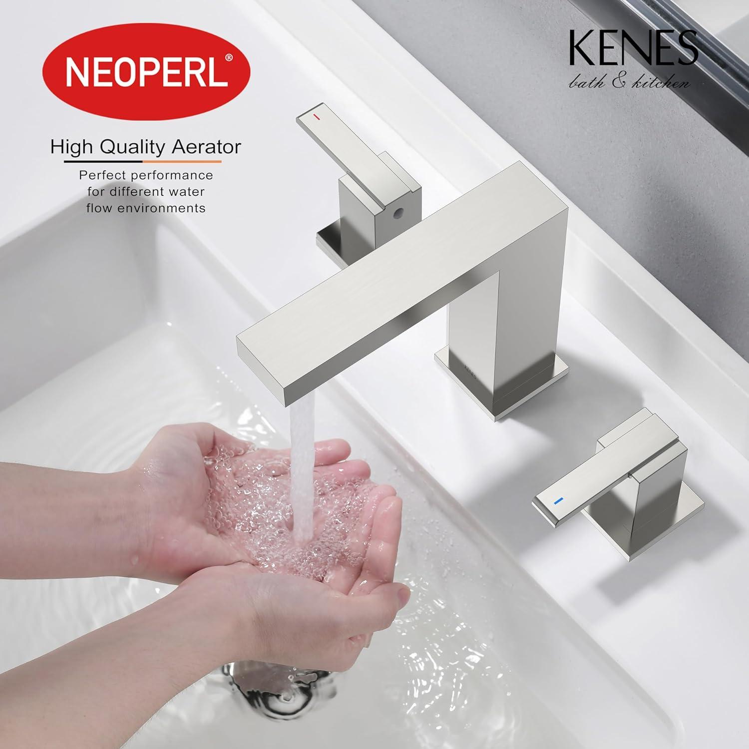KENES 2 Handle Widespread Bathroom Faucets Brushed Nickel, Bathroom Sink Faucet 3 Hole Vanity Faucet with Lead-Free Supply Hose, KE-9050