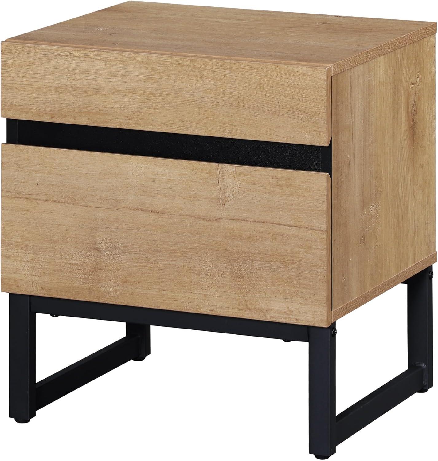 Oak and Black Iron Modern End Table with Storage Drawers