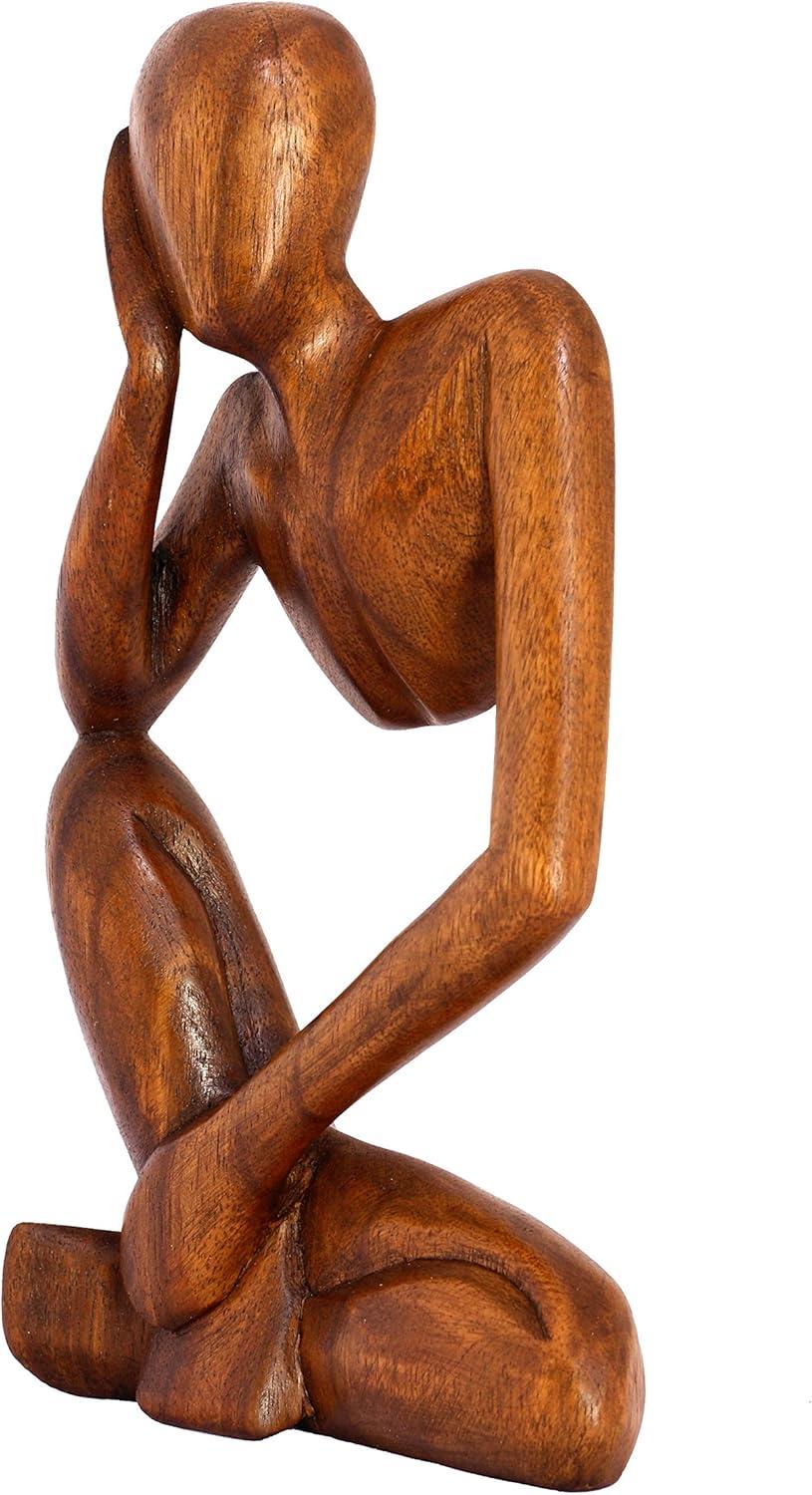 12" Wooden Handmade Abstract Sculpture Statue Handcrafted "Thinking Man" Gift Art Decorative Home Decor Figurine Accent Decoration Artwork Hand Carved Color: Brown