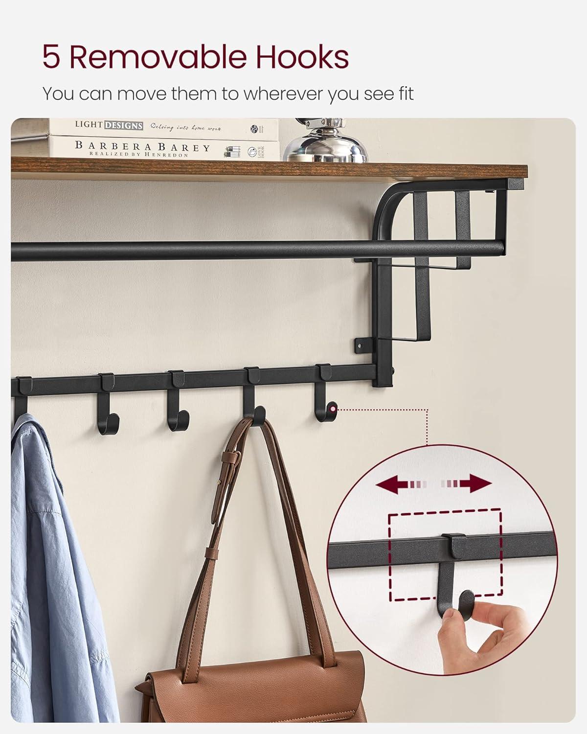VASAGLE Wall-Mounted Coat Rack, Wall Hook Rack with Hanging Rod, Storage Shelf, Laundry Room Shelf with Hooks, for Entryway, Bathroom, Rustic Brown and Black ULCR12BX