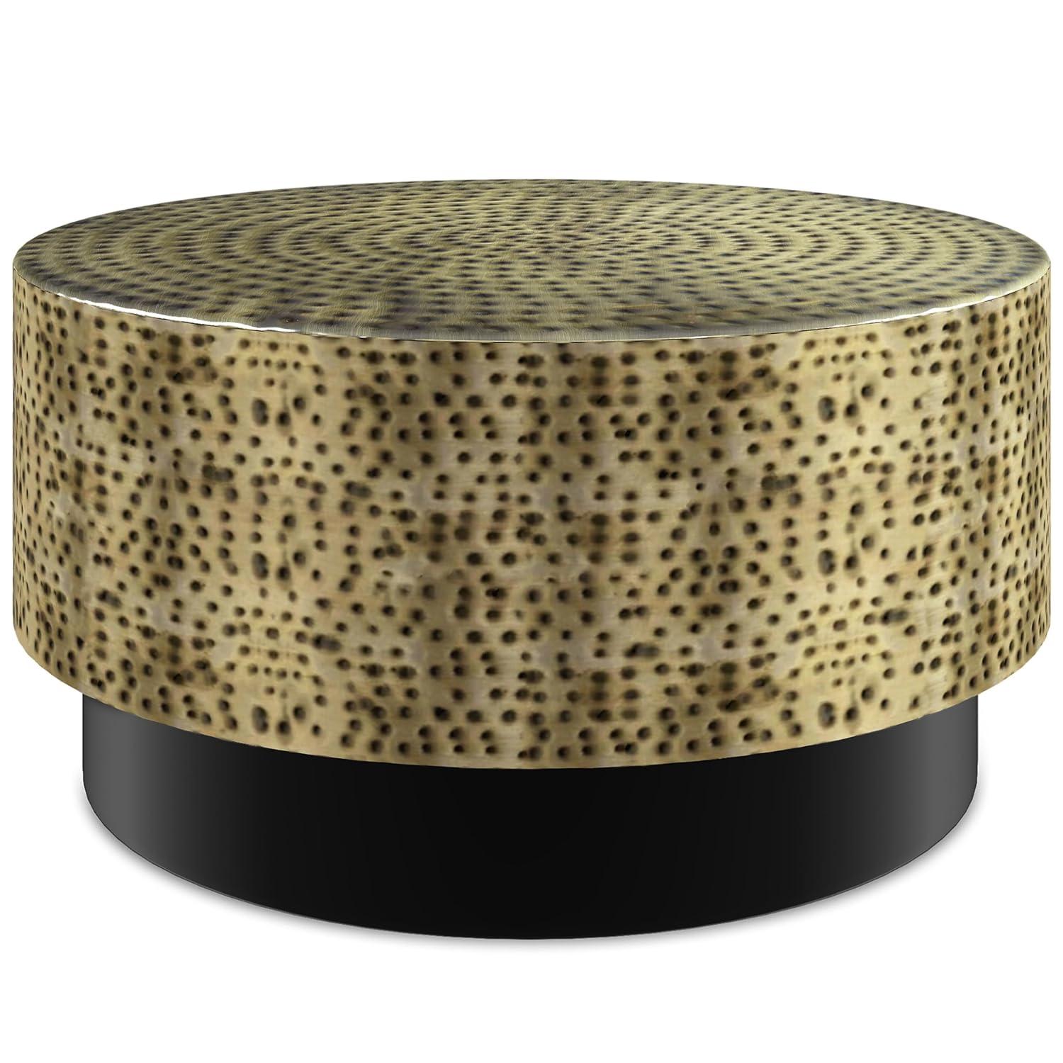 Simpli Home Montrose 30"W Antique Gold and Black Metal Modern Industrial Round Coffee Table with Hammered Texture, Fully Assembled
