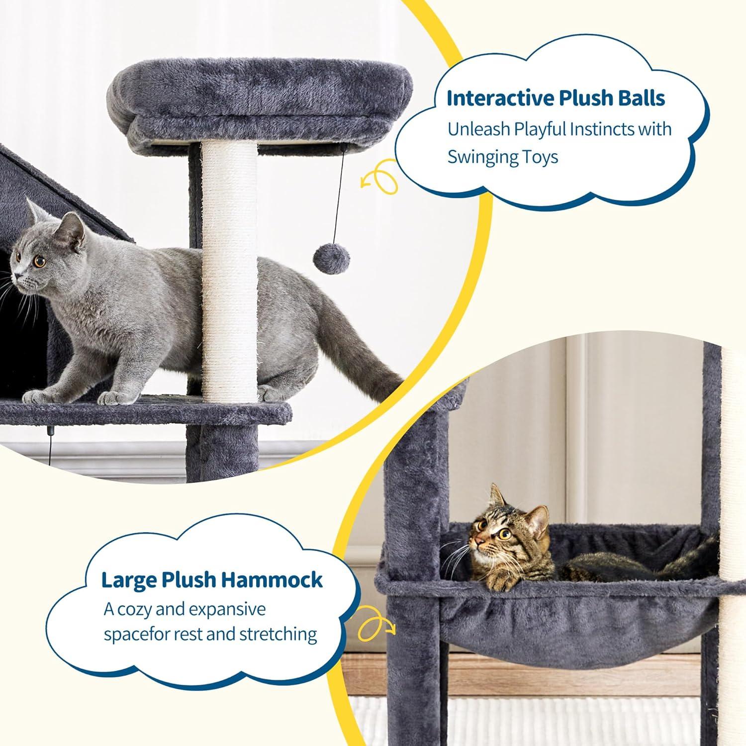 Gray 60 inch Multi-Level Cat Tree with Sisal Posts and Hammock