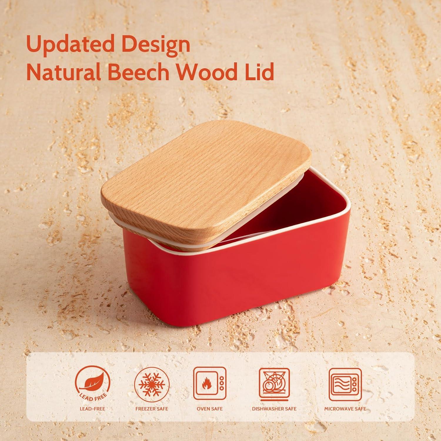 [new and improved] sweese 3151 large butter dish - airtight butter keeper holds up to 2 sticks of butter - porcelain container with beech