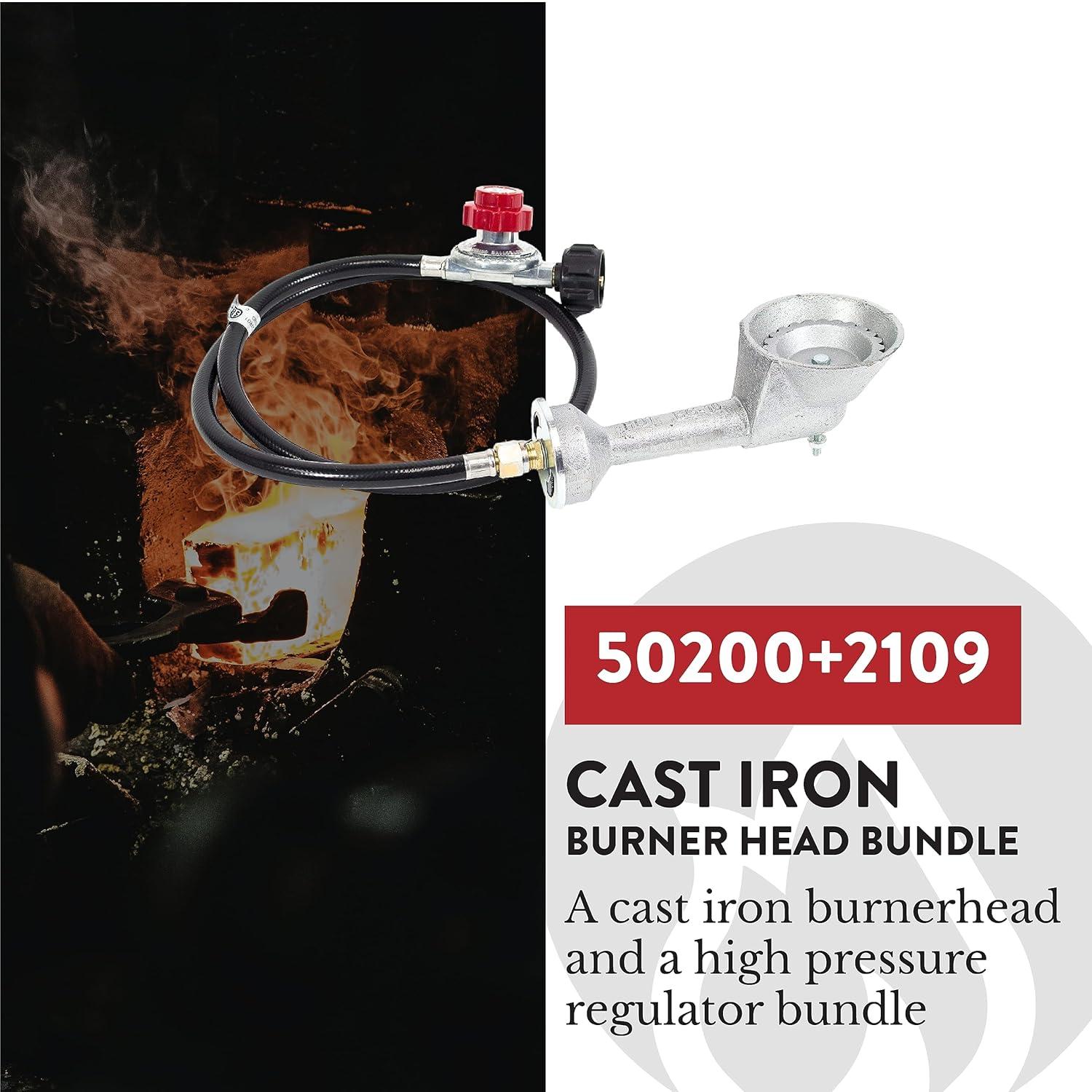 GasOne High Pressure Cast-Iron Round Burner Head with Brass Fitting O, Regulator & Hose, 50200+2109