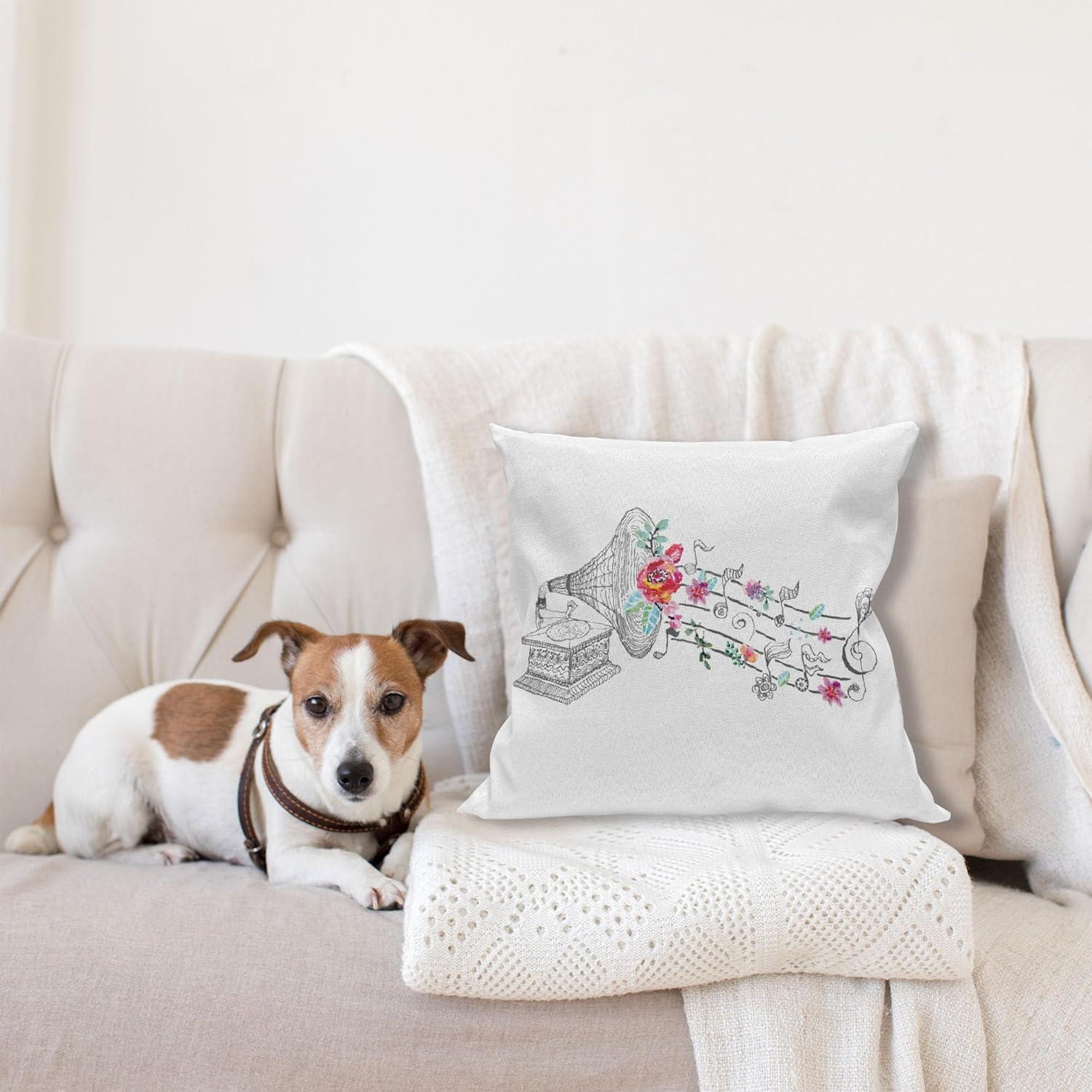 Ambesonne Music Throw Pillow Cushion Cover, Vintage Style Gramophone Record Player Floral Ornament Blossom Antique, Decorative Square Accent Pillow Case, 16" X 16", White Pink