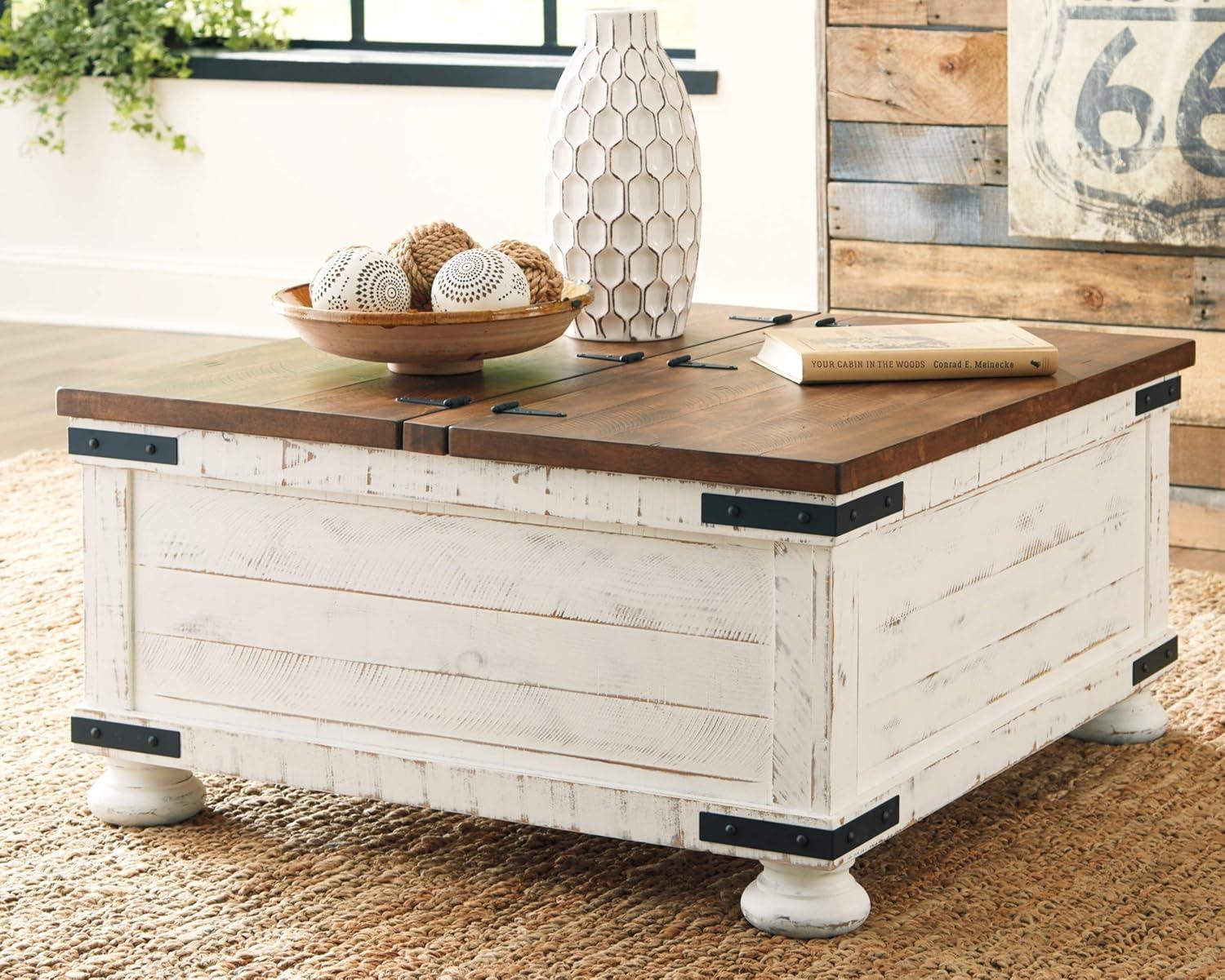 Wystfield Cocktail Table with Storage White/Brown - Signature Design by Ashley: Rectangular Lift-Top, Distressed Two-Tone Finish