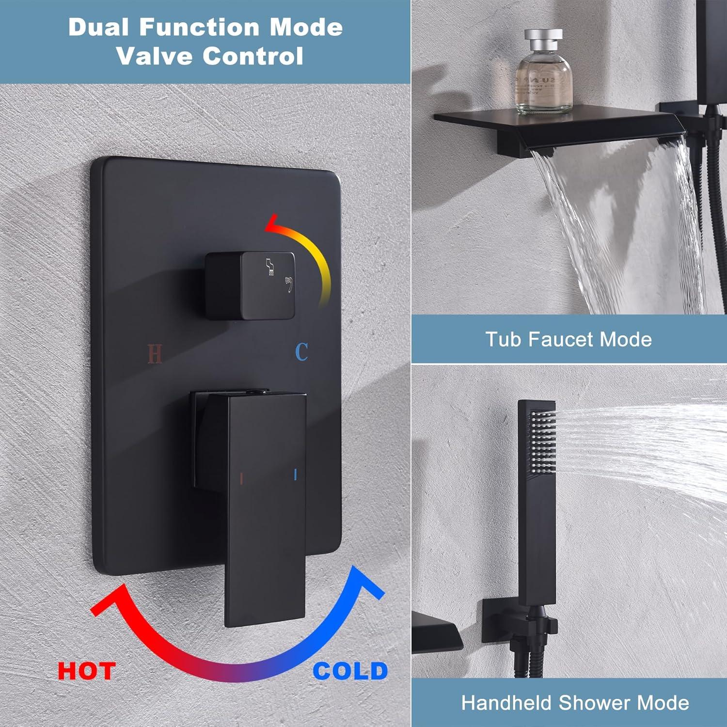 Matte Black Wall-Mount Waterfall Tub Faucet with Handheld Shower