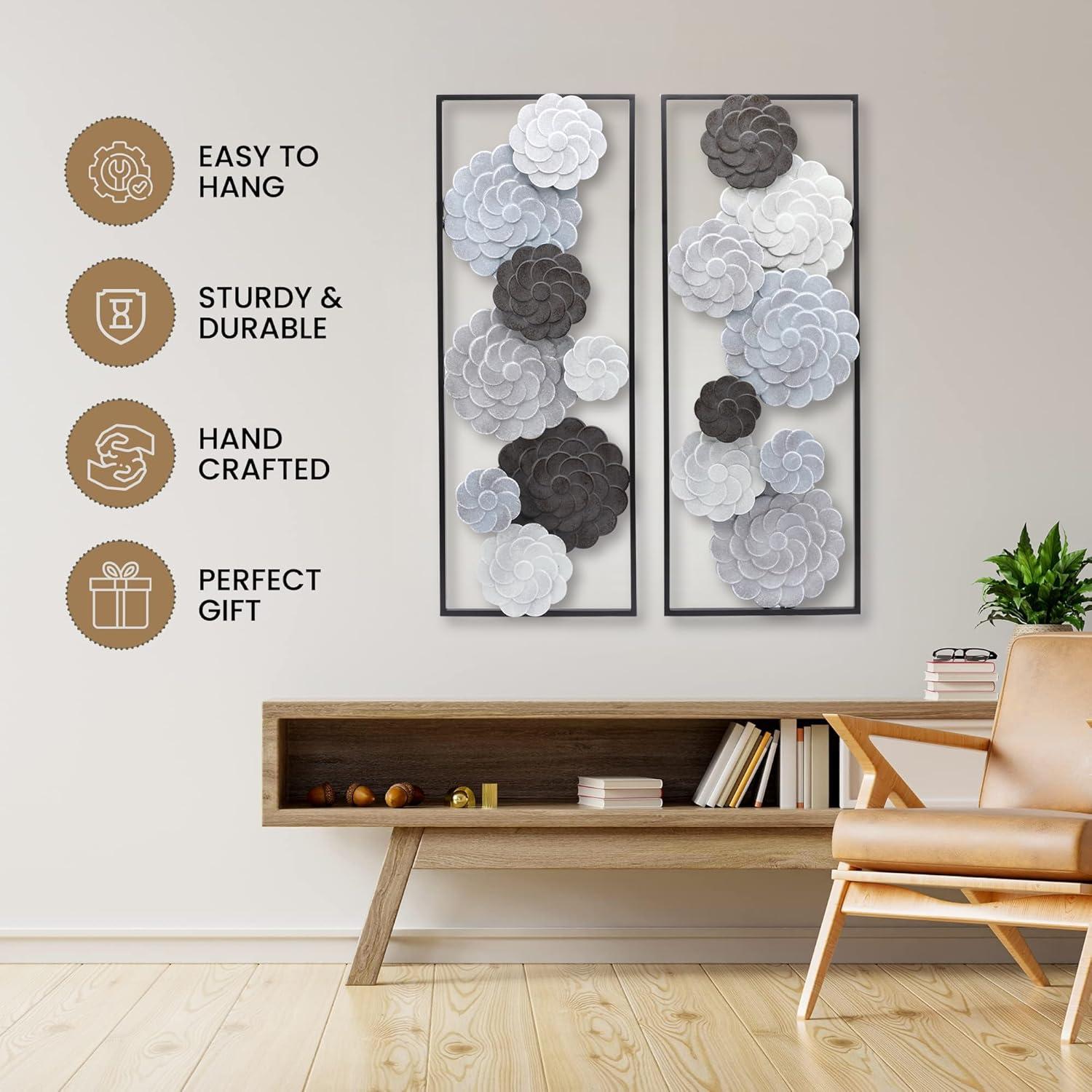 LuxenHome Multi-Color Flowers Metal Rectangular Panels Wall Decor Wall Art, Set of 2 Multicolored