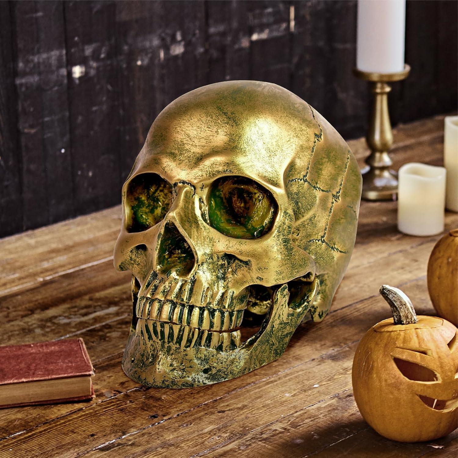 Resin Gold Skull Model - Life Size High Fidelity Sculpture for Halloween Decor Statues, Home Decoration & Artistic Display