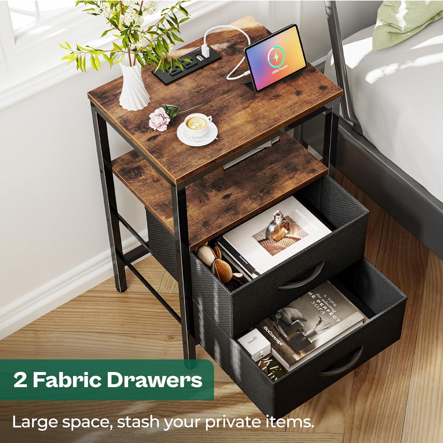 Rustic Brown and Black 2-Drawer Nightstands with Charging Station