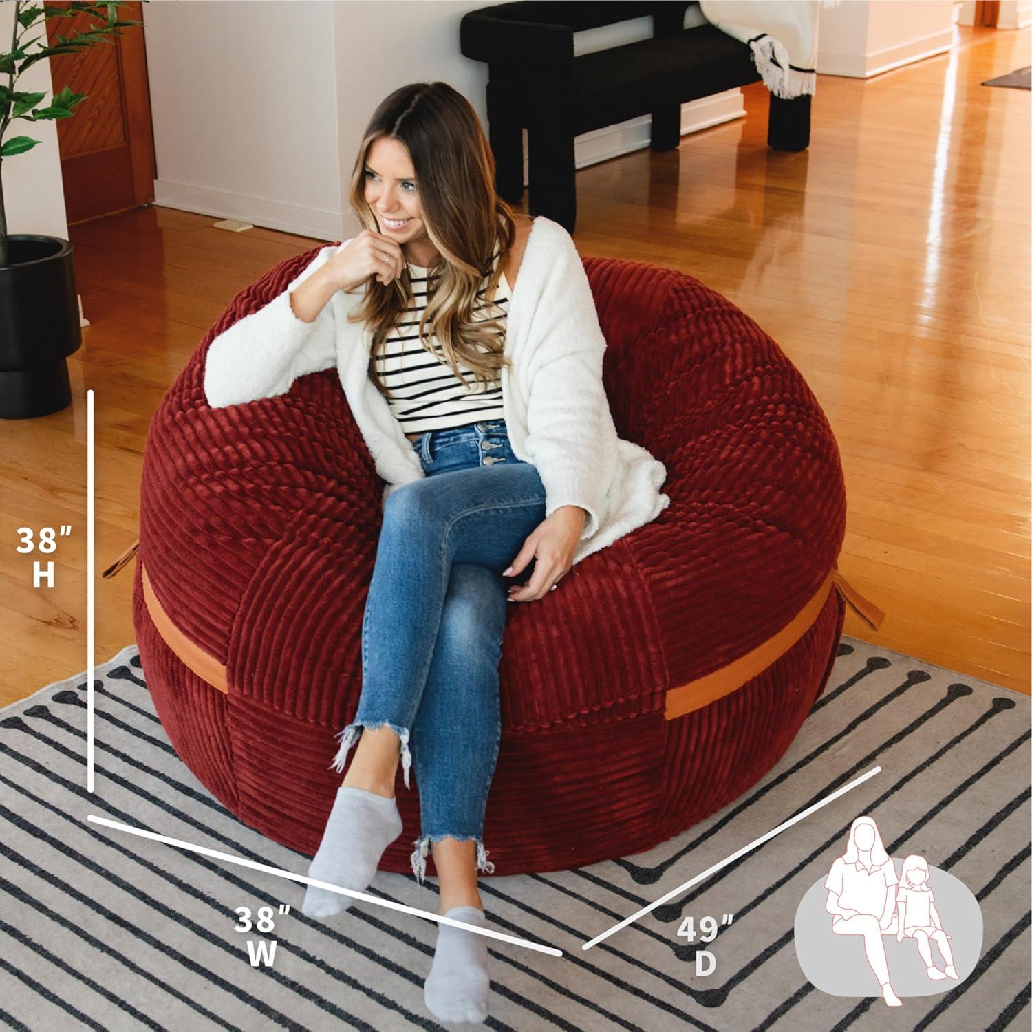 Big Joe Foam Filled Bean Bag Chair with Removable Cover, Corded Plush, Vegan Leather Accents, Medium to XXL Size