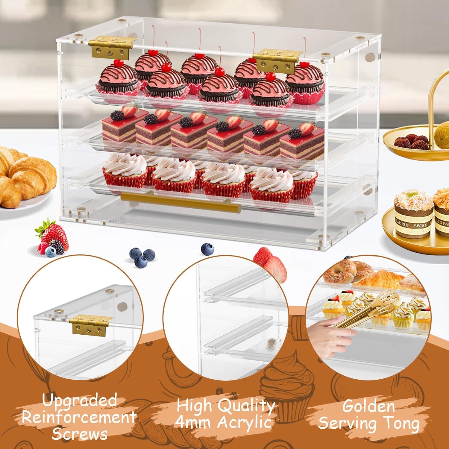 Bakery Display Case Countertop,3 Tray Pastry Display Case with Serving Tong Commercial Clear Acrylic Bread Box Display Case with Front Door for Cookie Food Donut Deseert Cupcake Bagels Cake